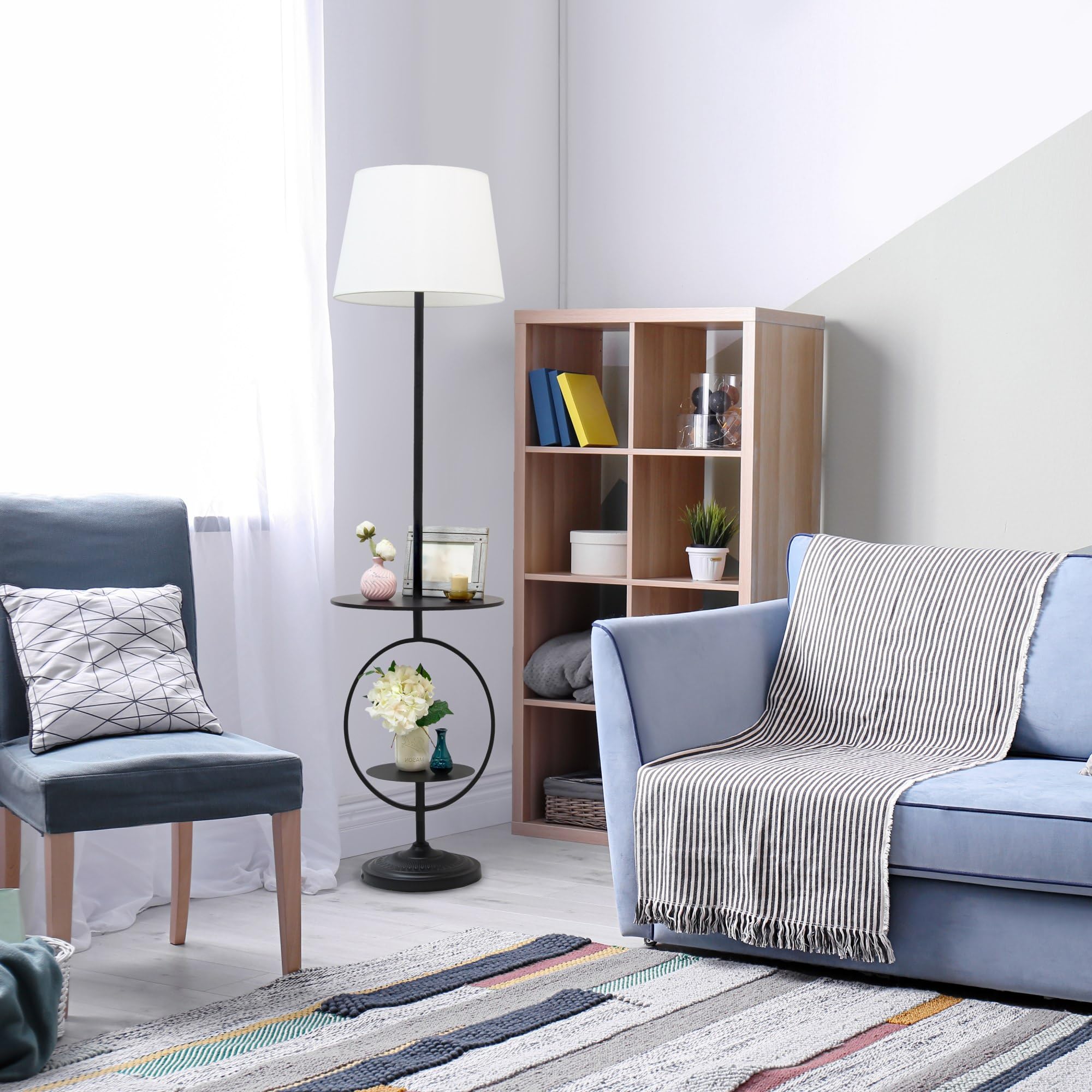 Elegant Designs Lf1023-Blk Bedside Nightstand End Table Dual Shelf Decorative Floor Lamp, Black