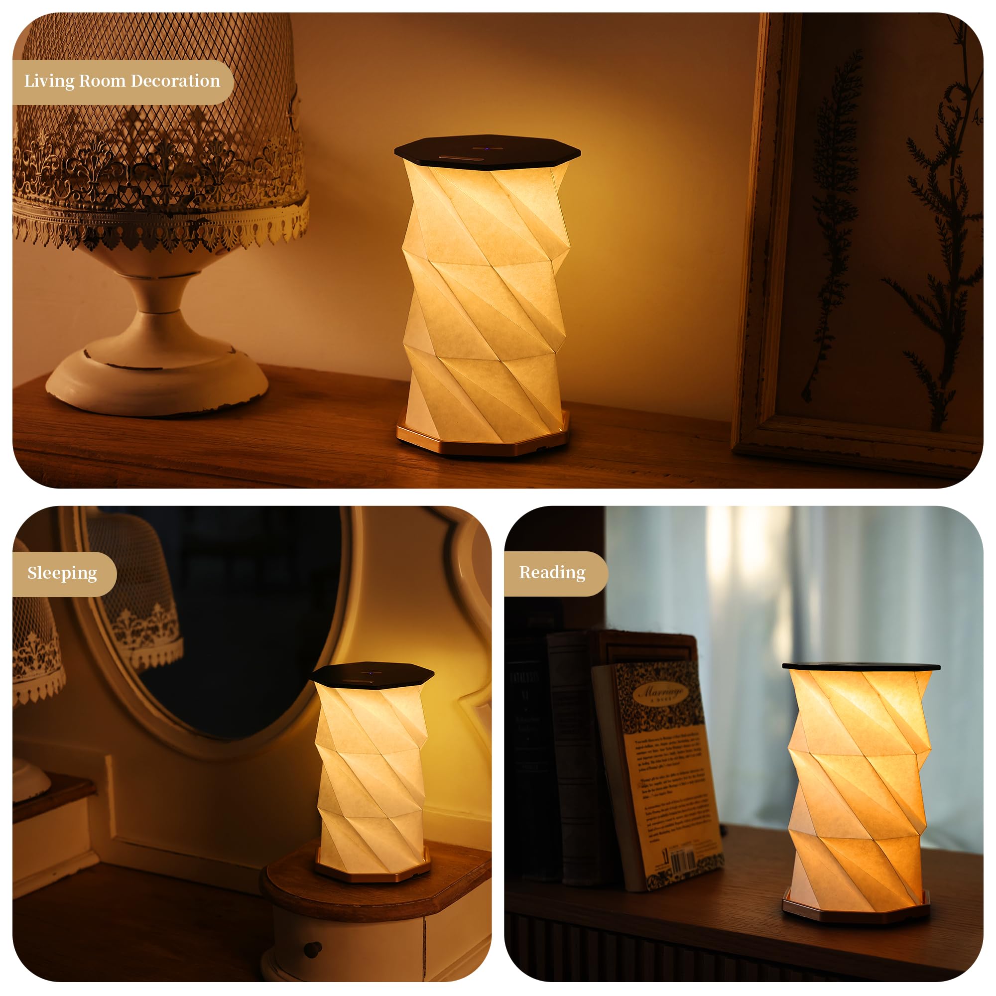 Uniwolk Portable Paper Lamp with Touch Dimmer, Rechargeable, Warm White Light, Foldable Design for Bedroom & Travel
