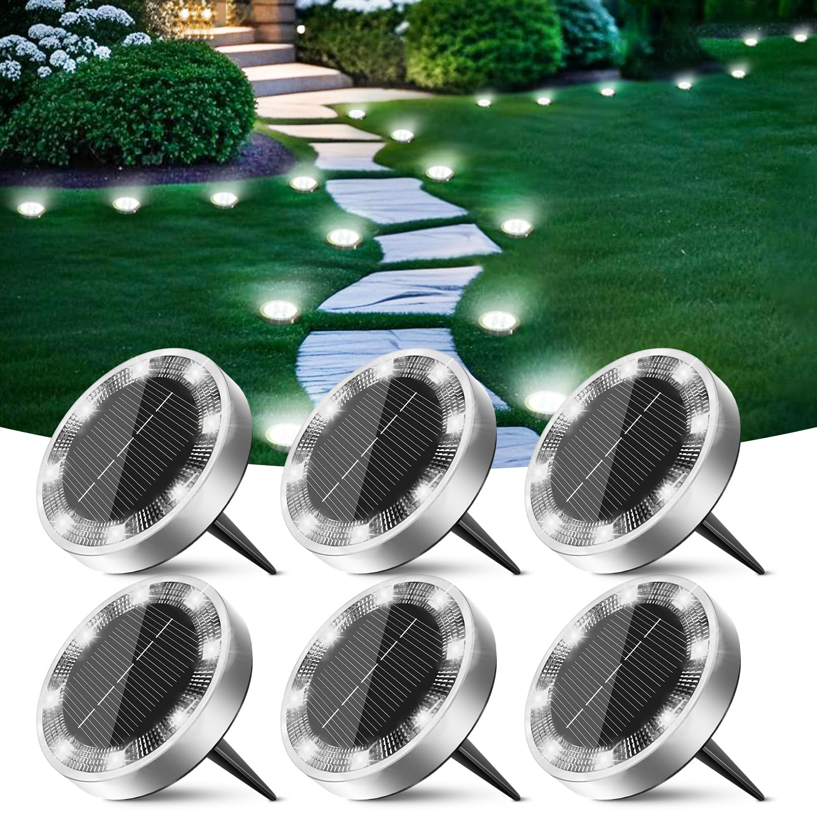 Peasur Solar Ground Lights, 6 Pack, IP68 Waterproof, Stainless Steel, Cool White, Landscape Lighting for Pathway, Garden, Yard