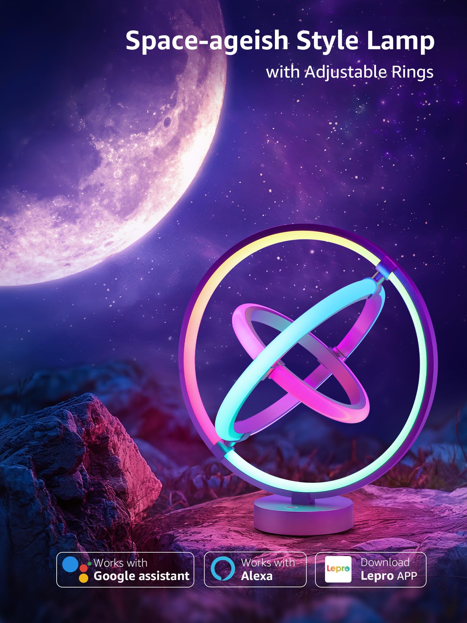 Lepro TB1 Smart Table Lamp - RGB+IC Color Changing Desk Light, Alexa/Google Compatible, Silver