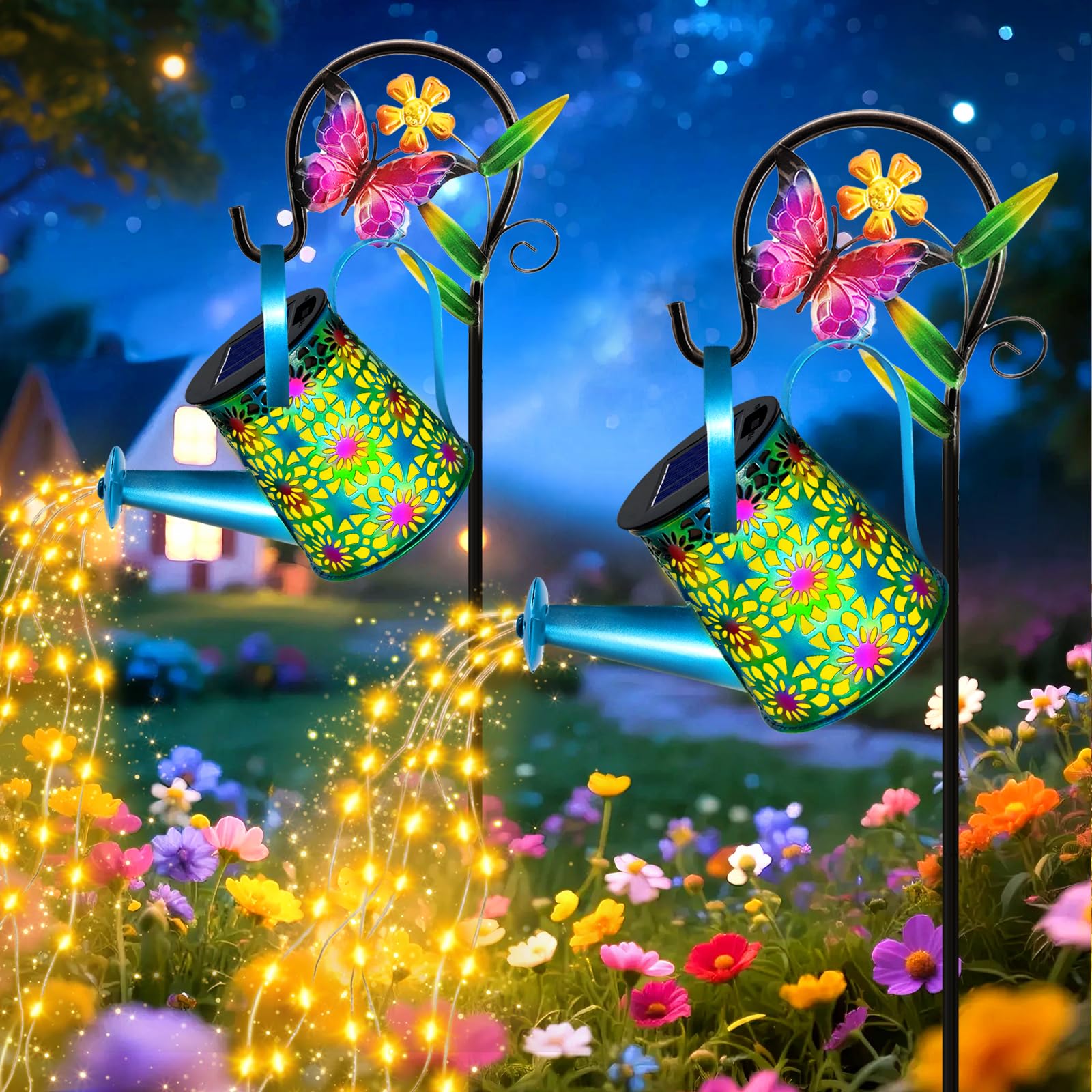 2 Pack Solar Lights Outdoor Decorative  Blue Metal Solar Watering Can Lights Waterproof  Gifts for Women Mom Grandma Birthday  Hanging Lanterns Decoration Garden Decor for Outside Yard Patio Lawn