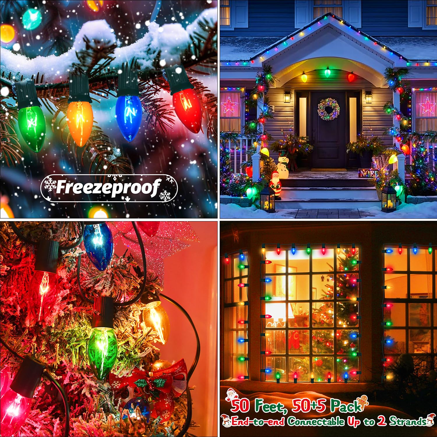 50Ft C9 Christmas Lights Outdoor Vintage Multi-Colored Christmas Lights 50 Count + 5 Spare Bulbs  Old Fashioned Colored C9 String Lights For Outdoor Holiday Xmas Trees House Roof Porch Yard Decor  7W