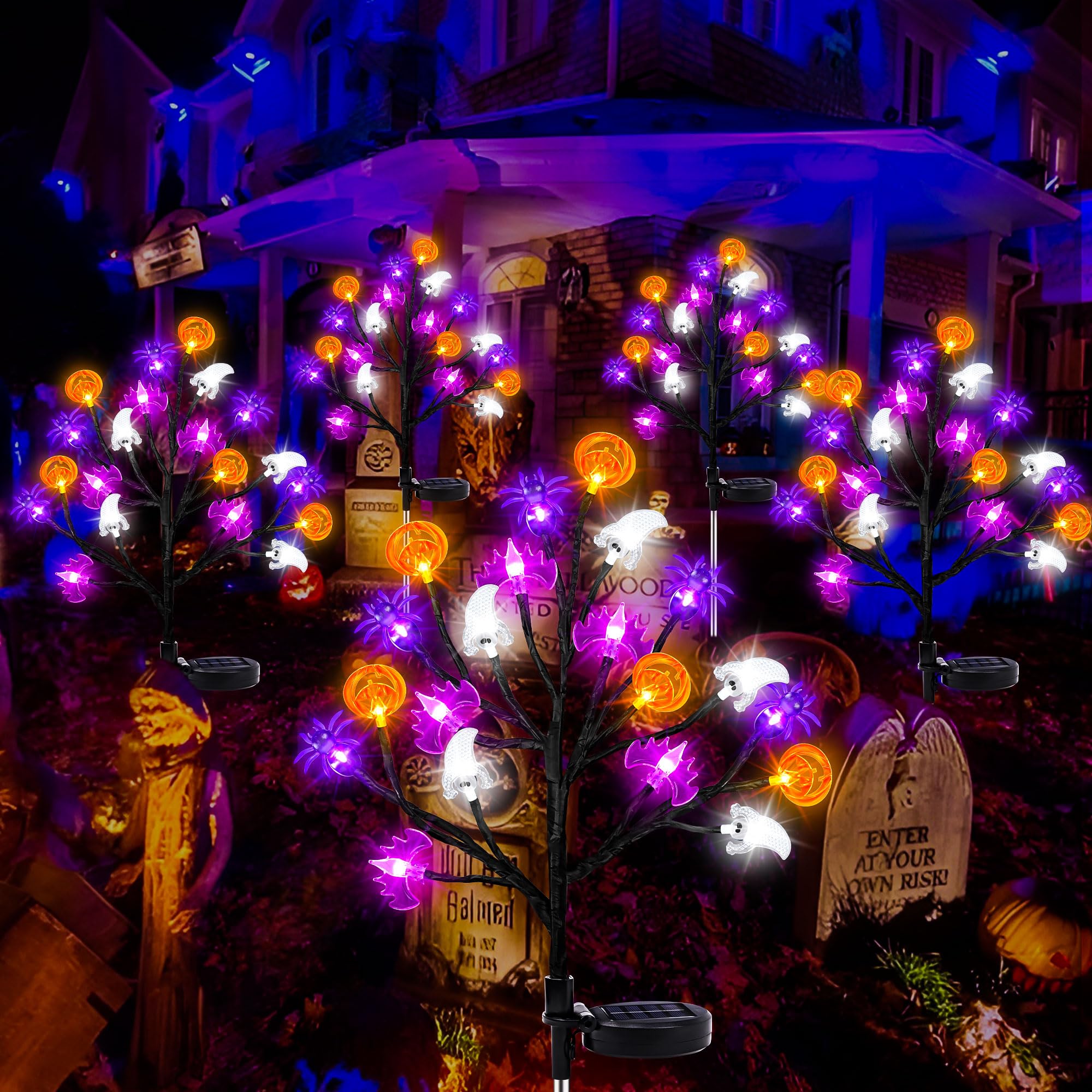 Halloween Decorations Outdoor Solar Lights, 2 Pack Halloween Lights Outdoor Solar Lights Waterproof With 20 Led Ghosts Bats Spiders Pumpkin Lights, 2 Modes Solar Pathway Lights For Halloween Decor