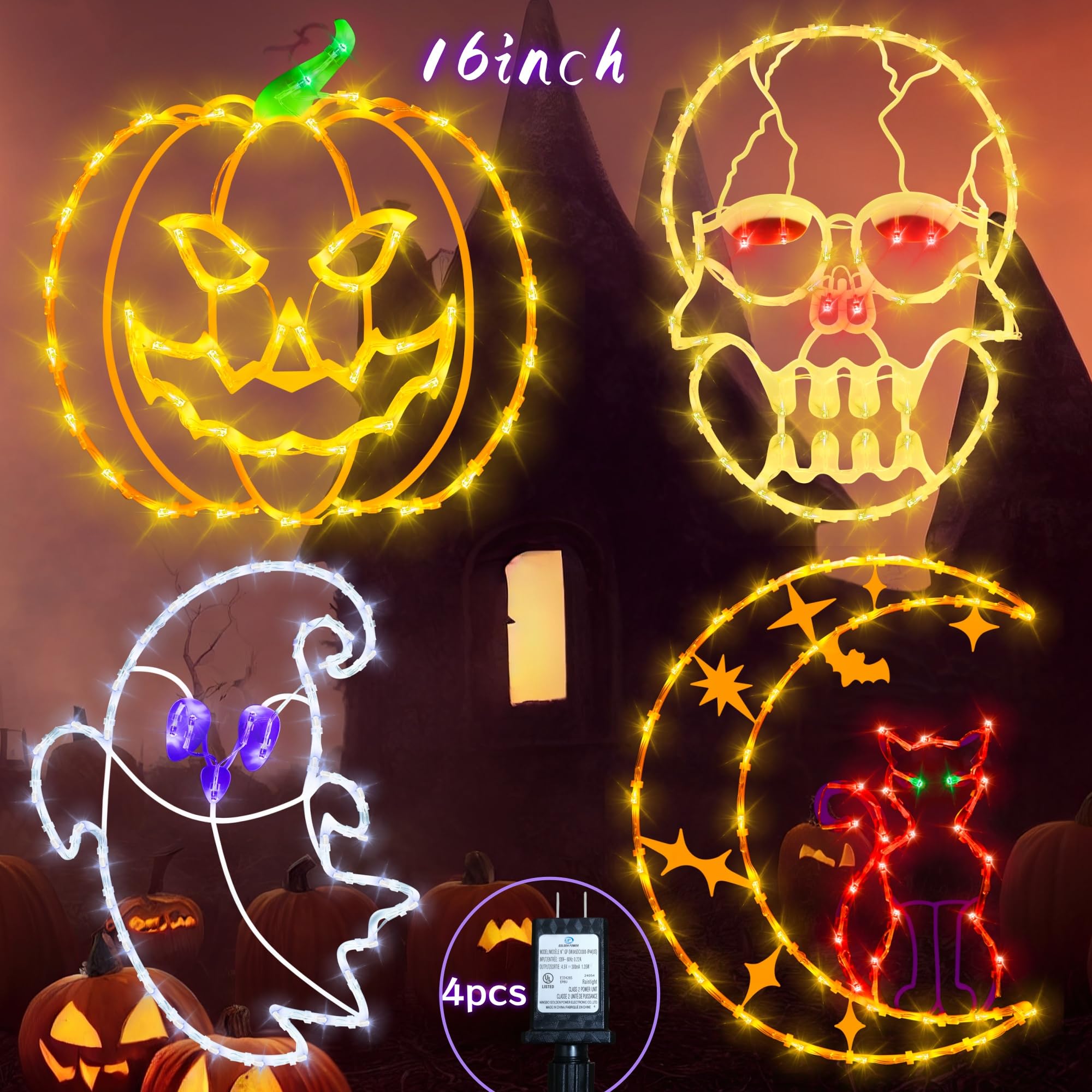 Pytopkto 16" Halloween Window Decorations Lights - 4 Pack Colour Lighted Cat on Moon & Ghost & Pumpkin & Skull Head for Holiday Indoor and Outdoor Wall Door Window Decorate