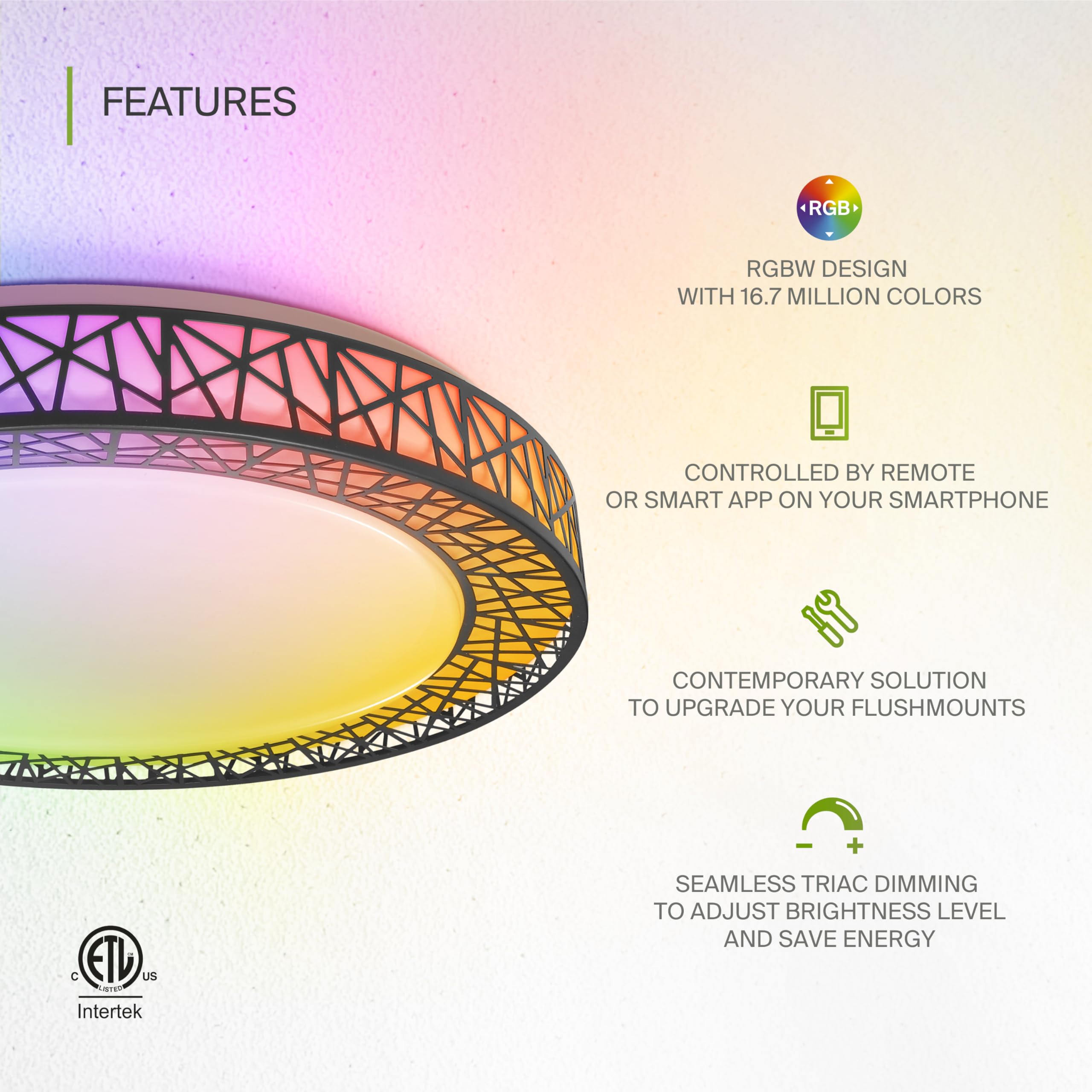 ASD Smart RGBW Flush Mount Ceiling Light 20 Inch, 42W, Dimmable, WiFi Control, Matte Black, Model A-LFM20D42SRGBW-B