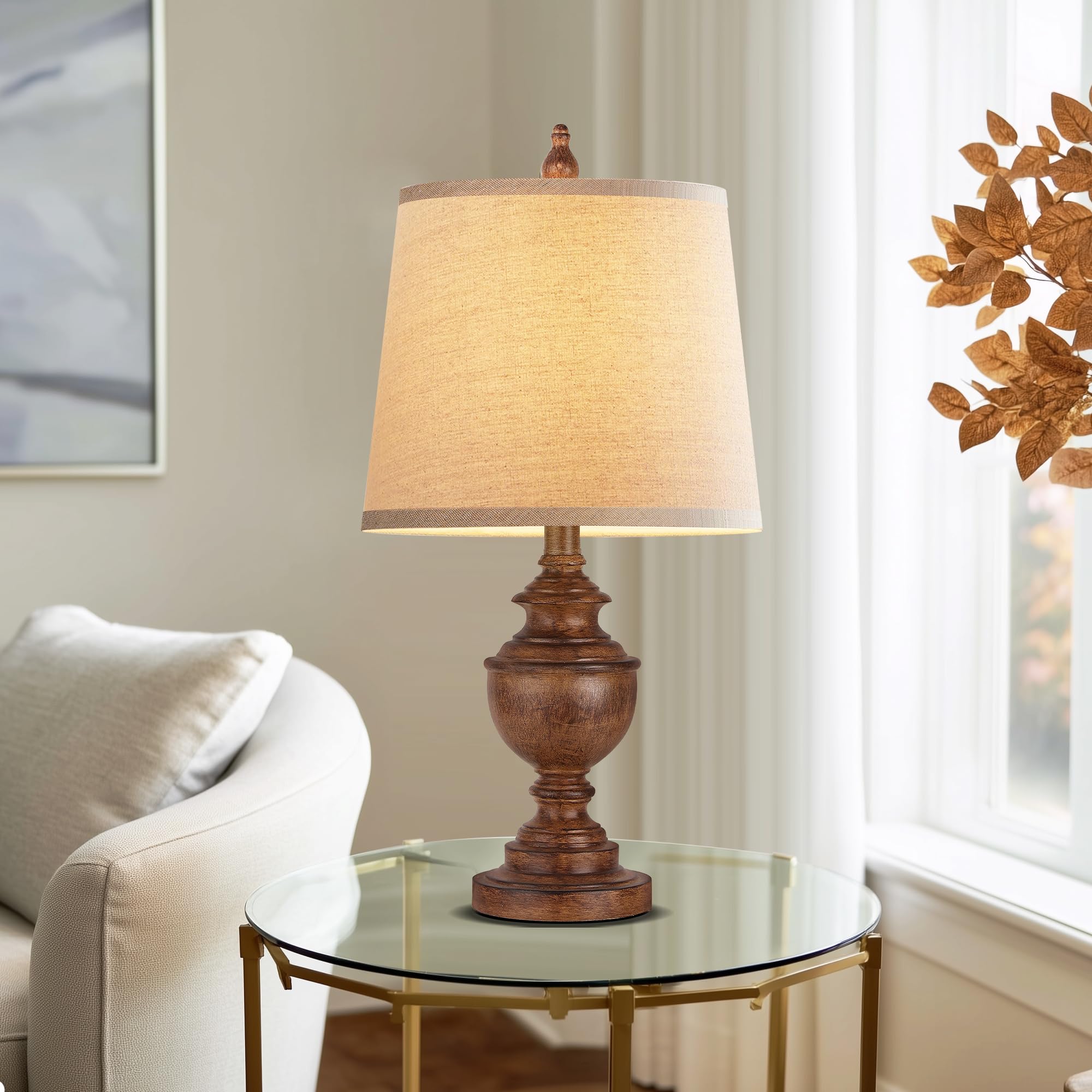 PARTPHONER Retro Table Lamps Set of 2, Vintage Nightstand Lamps, Wood Grain, Resin, White Shades, Model PALP453AO2