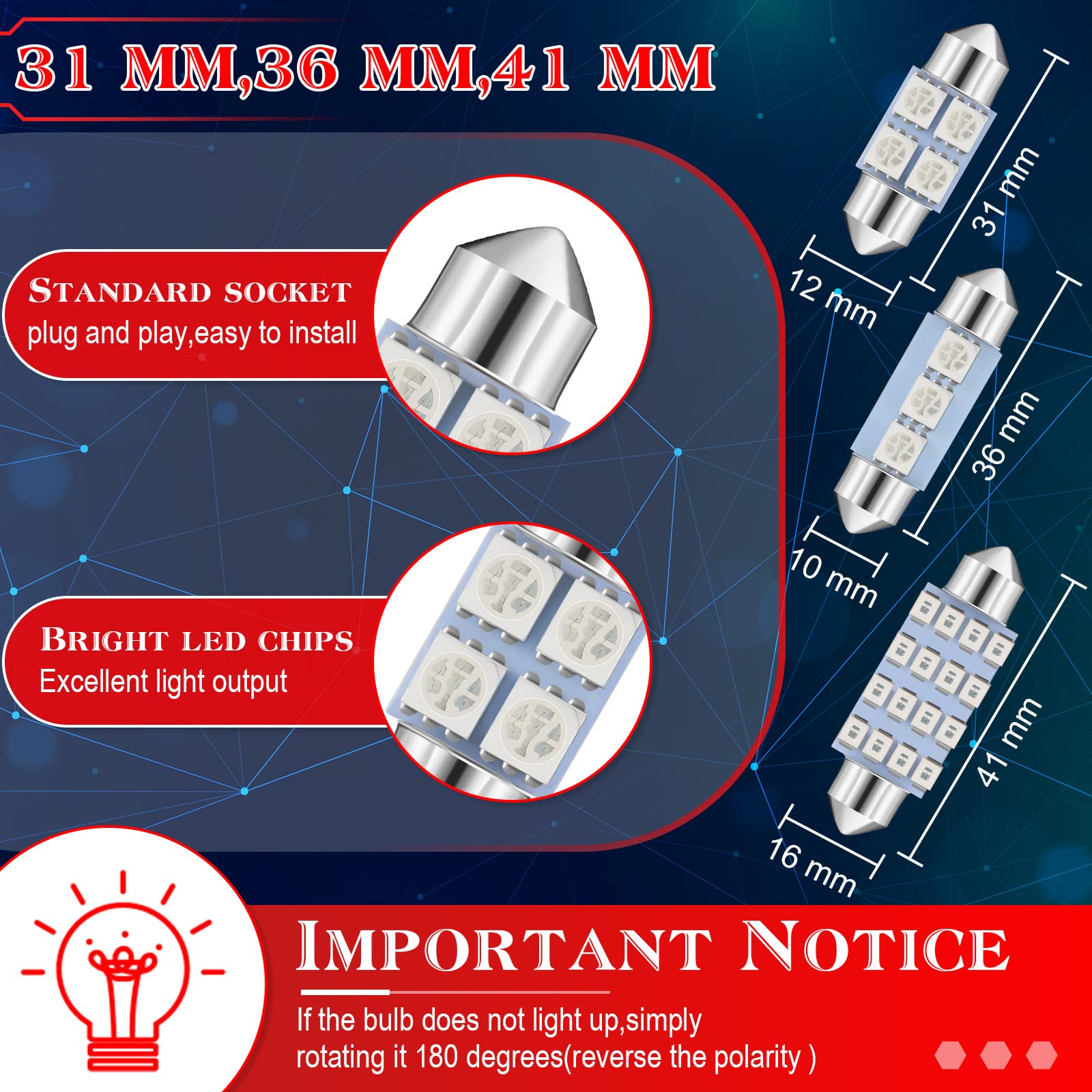 Frienda 70 Pieces Led Car Bulb Kit Interior Car Lights Led Dome Light 31 Mm 36 Mm 41 Mm T10 Bulbs Festoon Bulbs For Car Interior