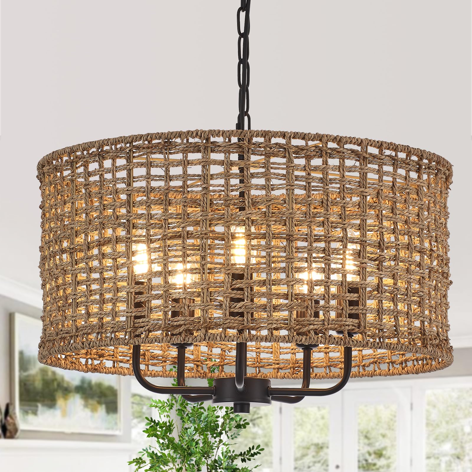 YOMECOO Hand-Woven Rattan Chandelier Vintage Farmhouse Boho Bamboo Chandelier Light Fixture Mini Retro 5-Lights Drum Wicker Ratt