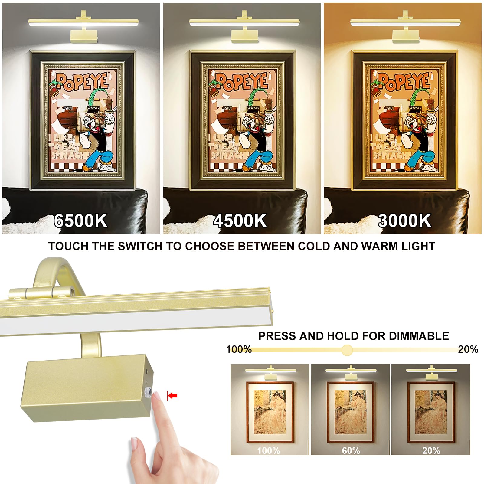 RAIFOOLLY Picture Light, Battery Operated, Remote Dimmable, 3 Modes, 16in Size, discomfort-reducingted Gold, Model RF00181