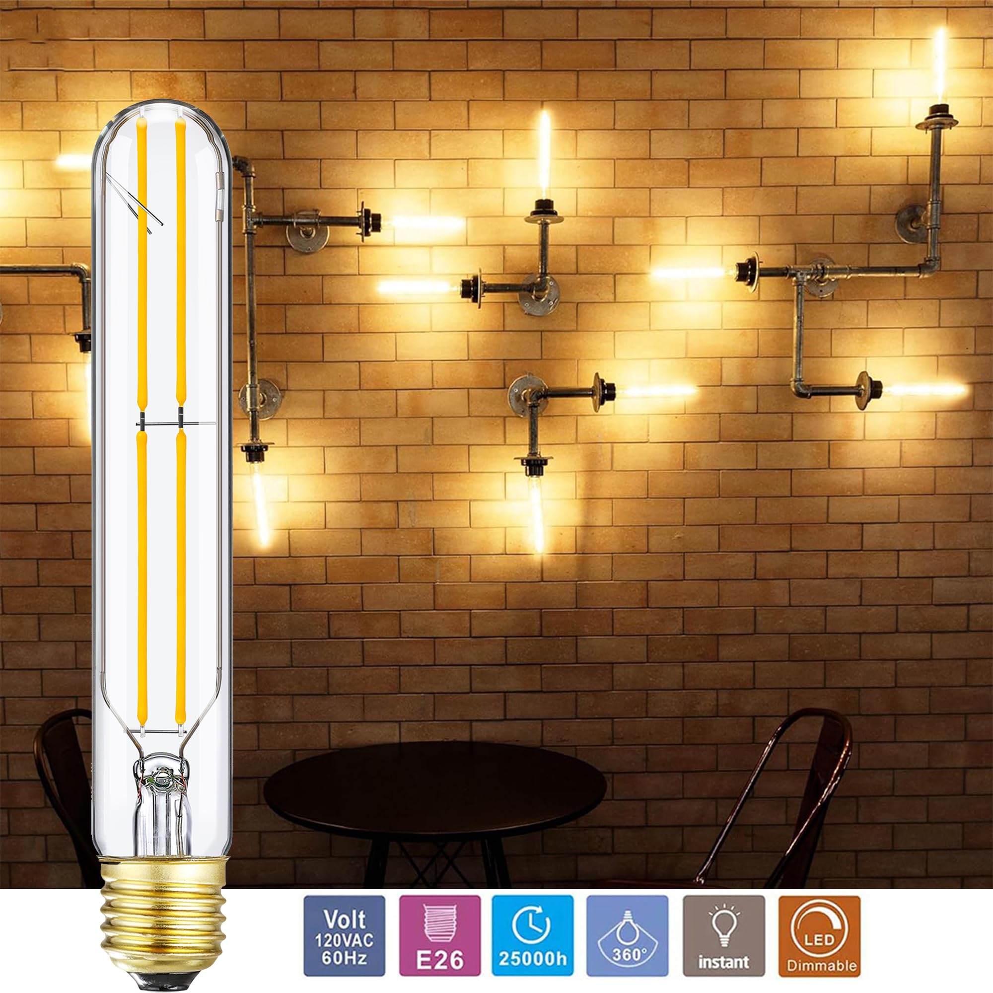 Lvye T10 Tubular Bulbs,E26 Dimmable Led Light Bulbs 6W Equal 60 Watt,2700K Warm White,Long Edison Led Bulb,600Lm,T10 Clear Glass