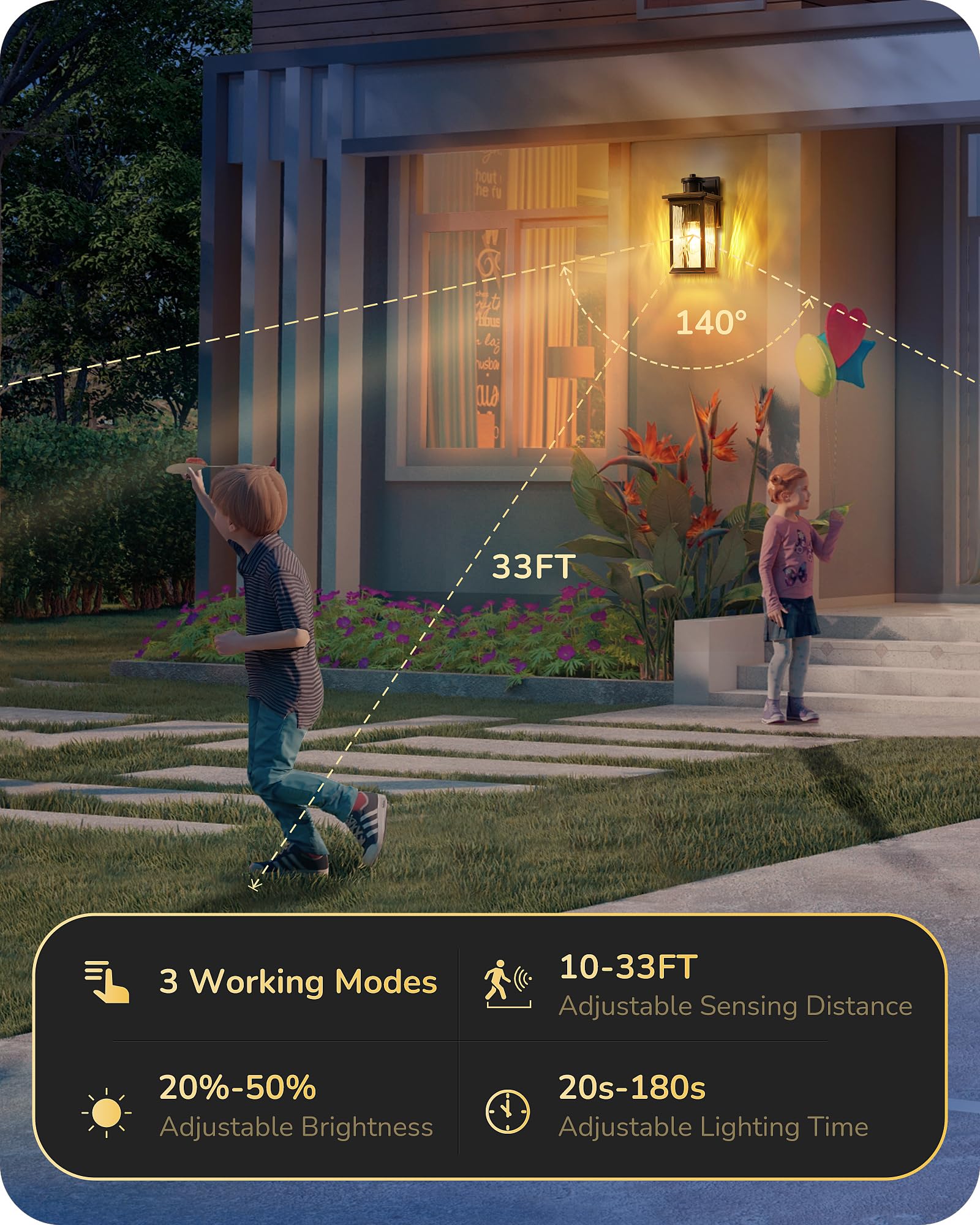 EDISHINE Motion Sensor Outdoor Wall Light, Dusk to Dawn, Waterproof, Black and Gold, 2 Pack, Model HOWL07