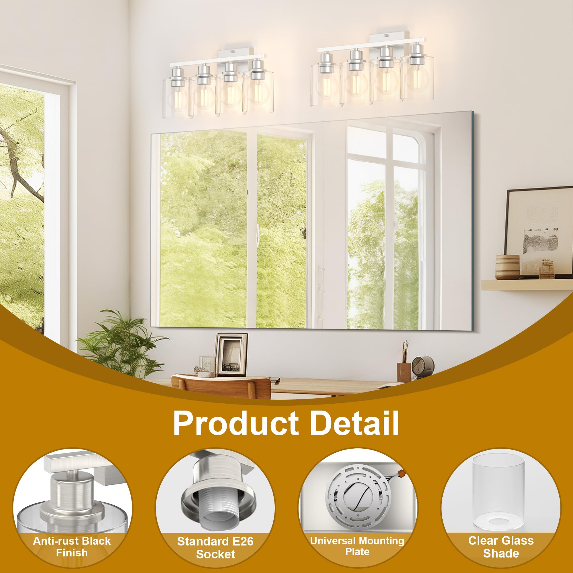 Dekang 4-Light Bathroom Vanity Fixture, Brushed Nickel, Modern Design, E26 Base, Clear Glass Shades, 18 Inches, Model AB-VANITY-TM-4Y