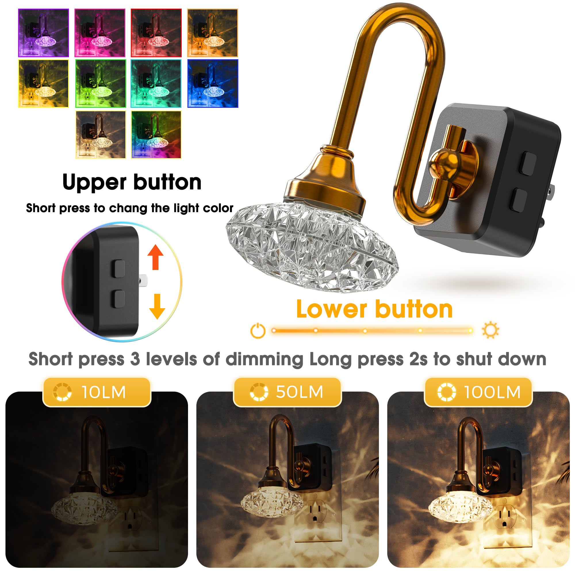 L LOHAS LED Night Lights, 2 Pack RGB Floral Dusk to Dawn, 3 Brightness Levels, Rotatable Plug, Gold Ring-Diamond Pattern, Model A-GY23409ZSUS