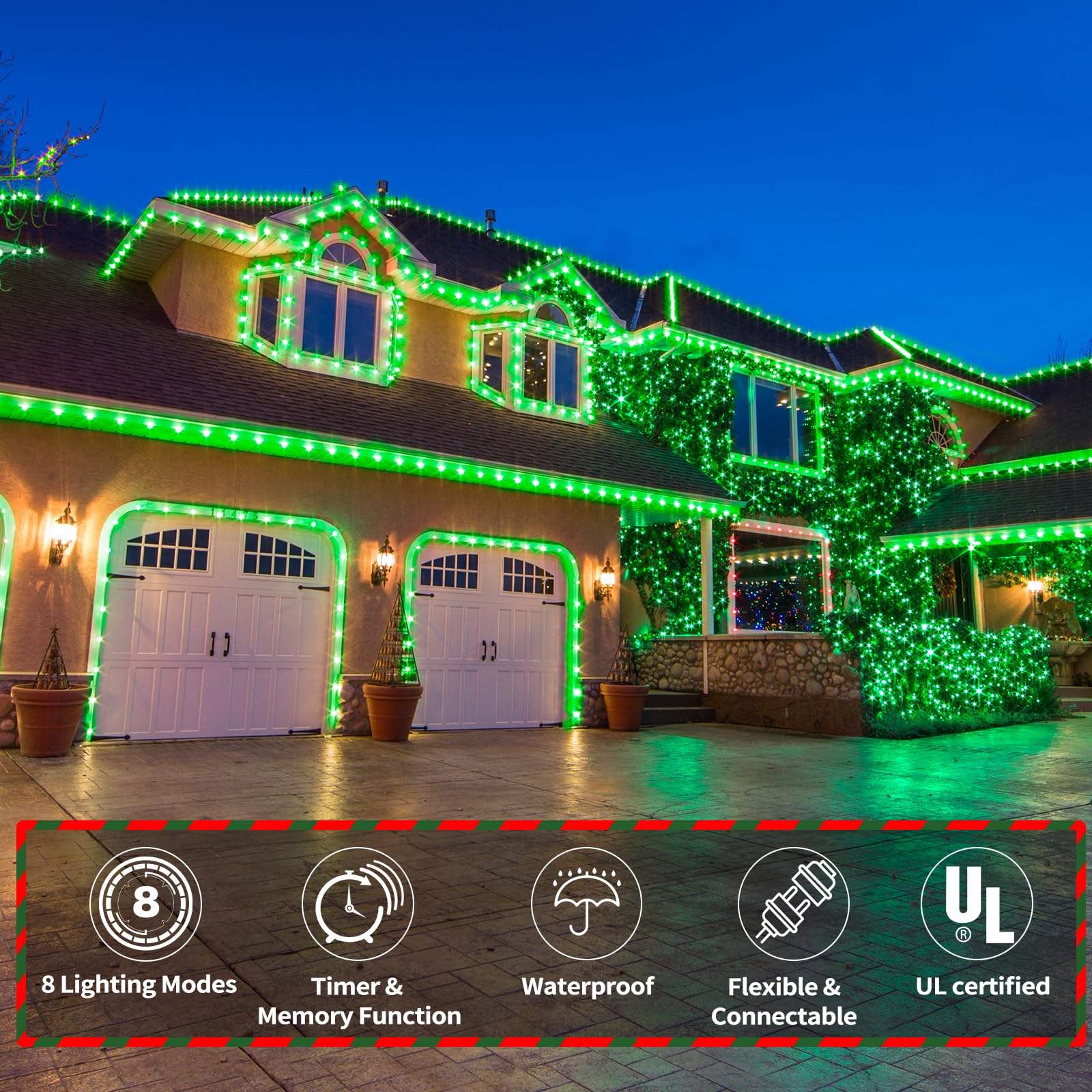 Jnaurb 50ft Green LED Rope Lights - Waterproof, Connectable, 360 LEDs, 8 Modes for Outdoor & Indoor Decor, Garden, Patio, Christmas