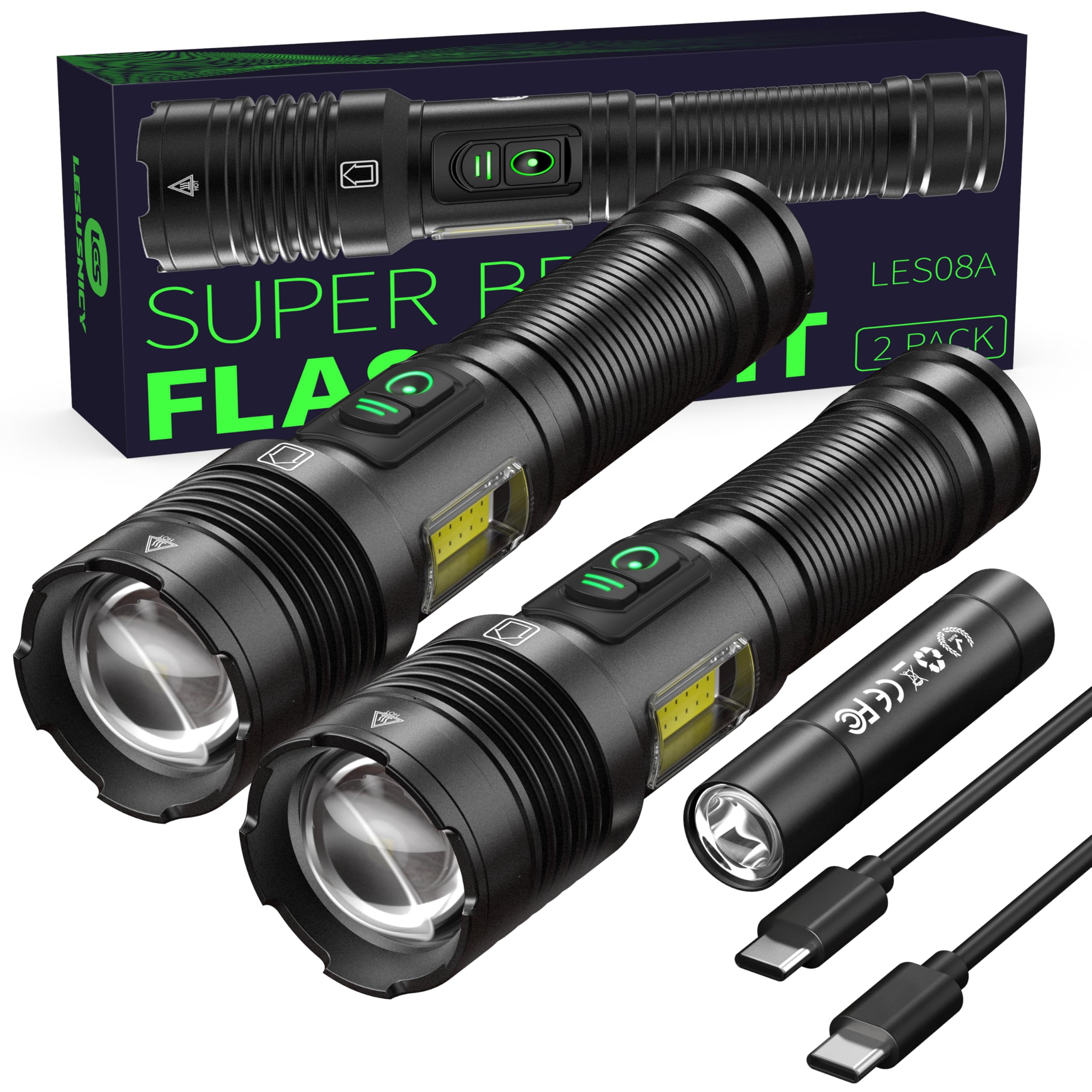 Rechargeable Flashlights High Lumens 10000 with Side Light - 2 Pack  Super Bright 30W LED  Daul Source Light Buttons  Long Lasting 15H  Quick USB C Charge  Handheld 6.81  Length  for Hiking Home Gift