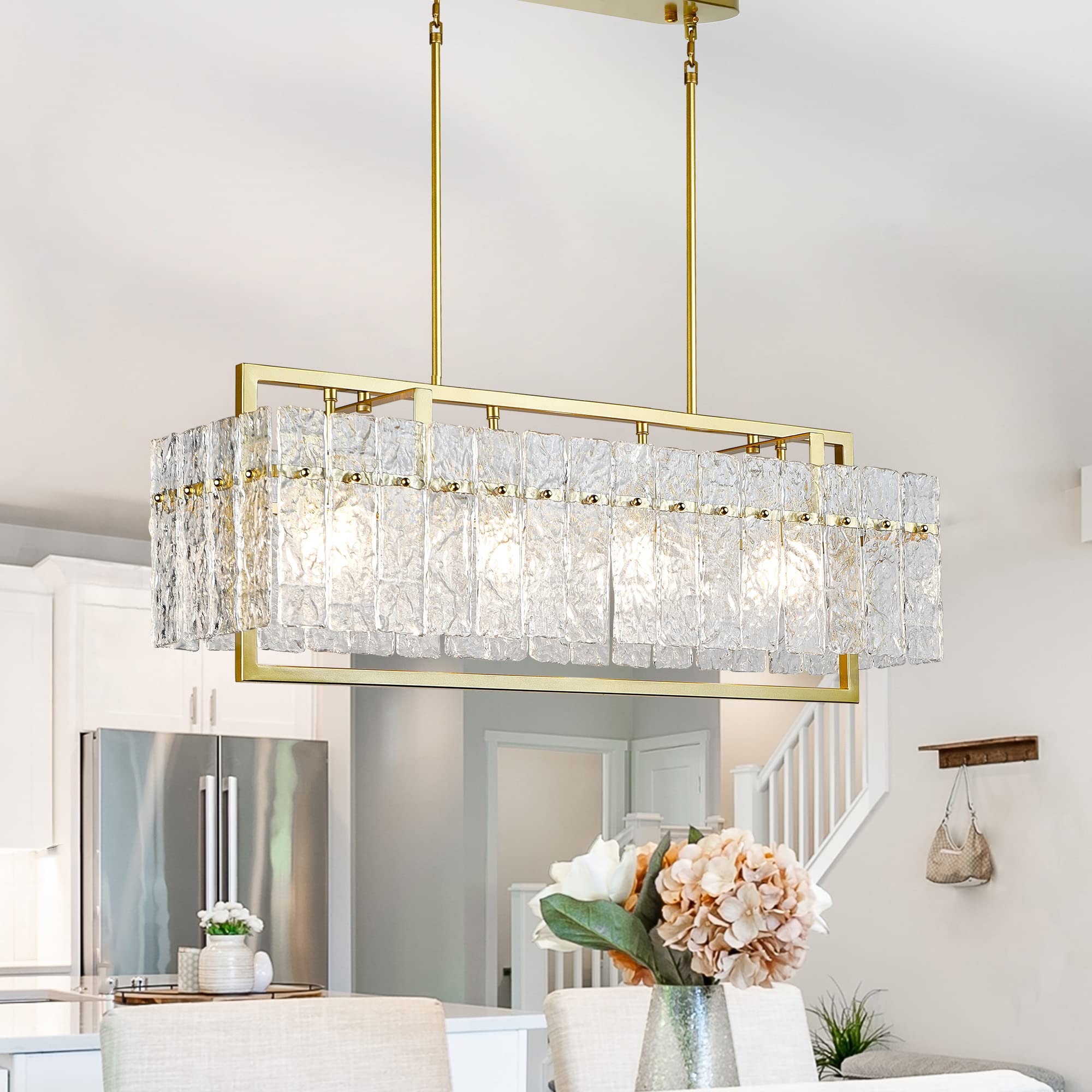 Modern Gold Rectangle Chandeliers for Dining Room, Crystal Water Ripple Light Fixture, Elegant Farmhouse Linear Lighting for Kit