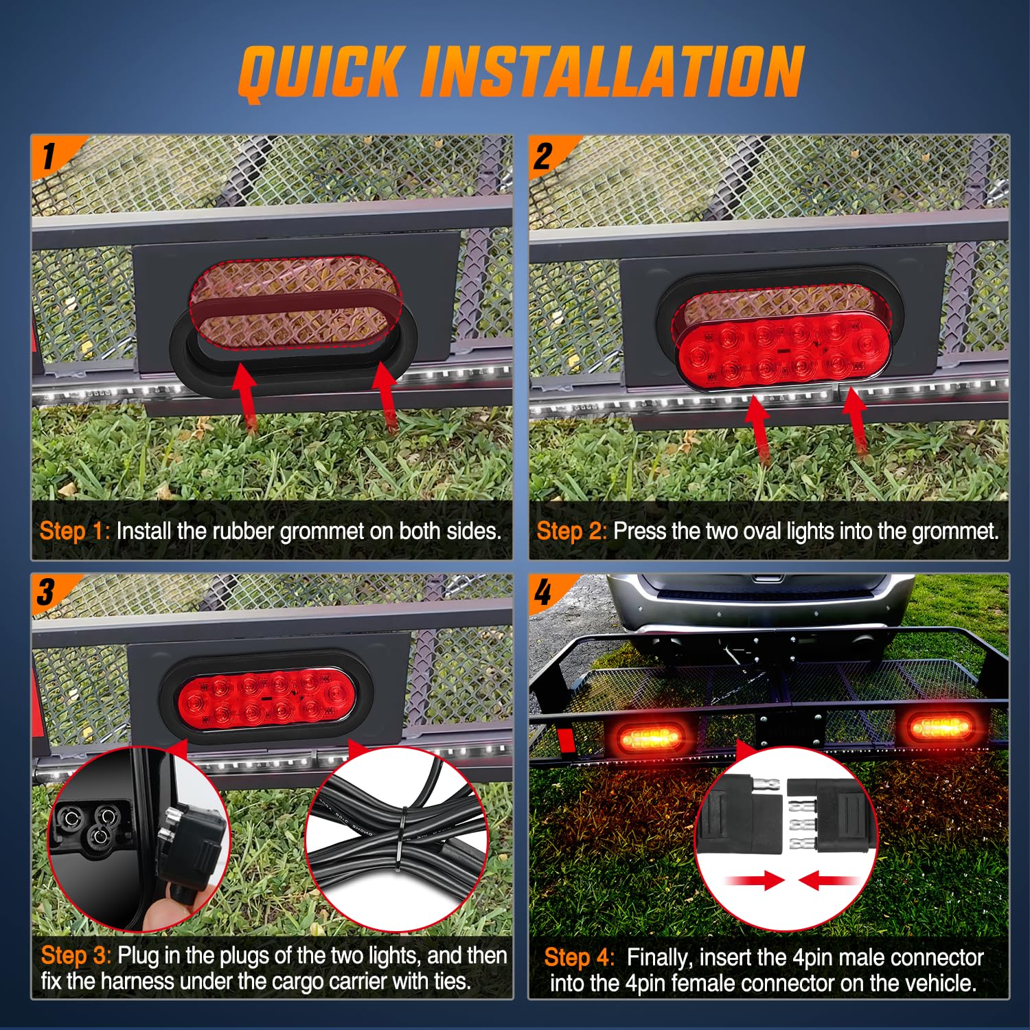 Nilight Hitch Cargo Carrier Light Kit 2Pcs 6Inch Red Oval Led With Flush Mount Grommets Wire Harness Waterproof Stop Turn Signal