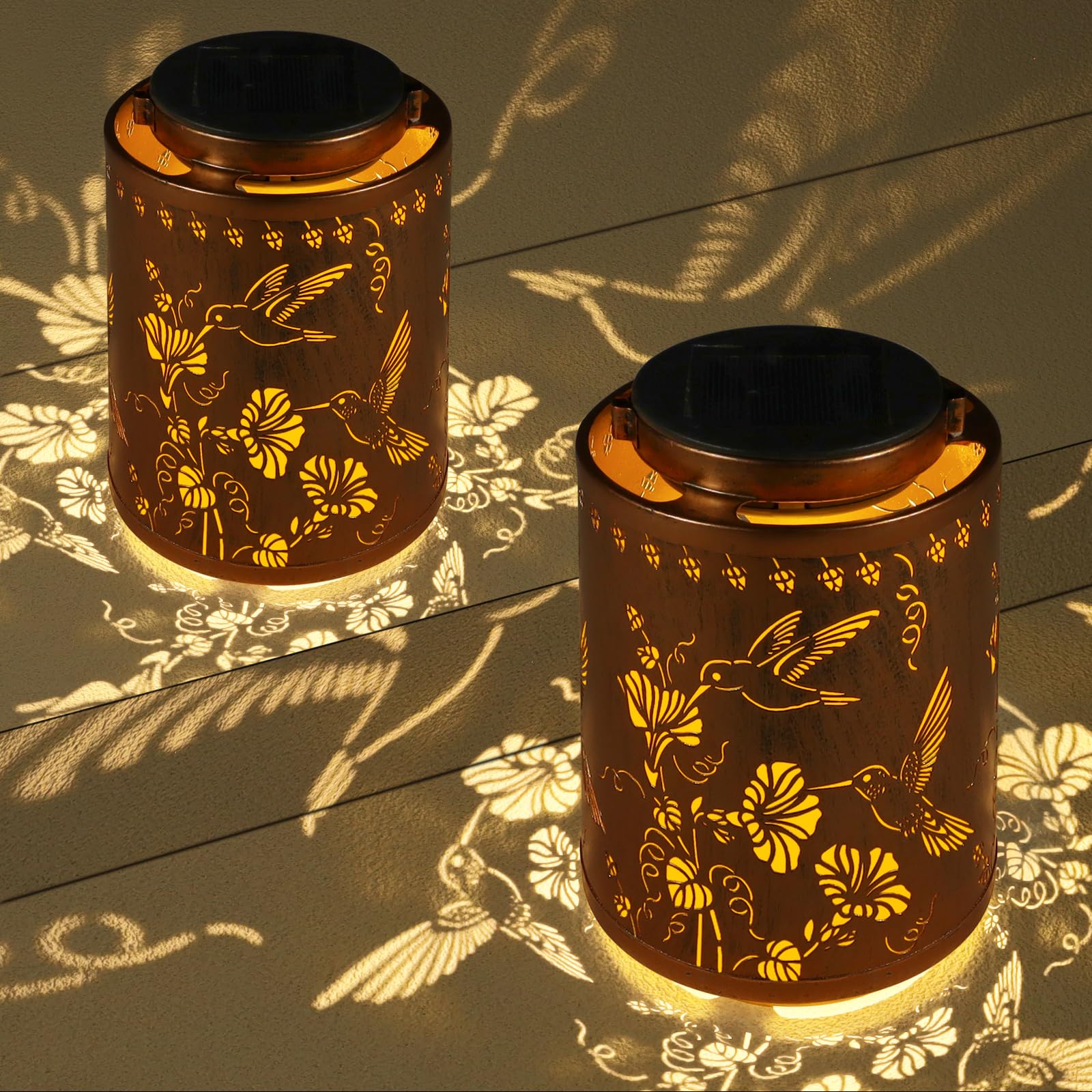 Tepaken 2 Pack Solar Lanterns Outdoor Metal Hanging Lights for Garden Decor, Waterproof, Gold, Model T-DL205-2P