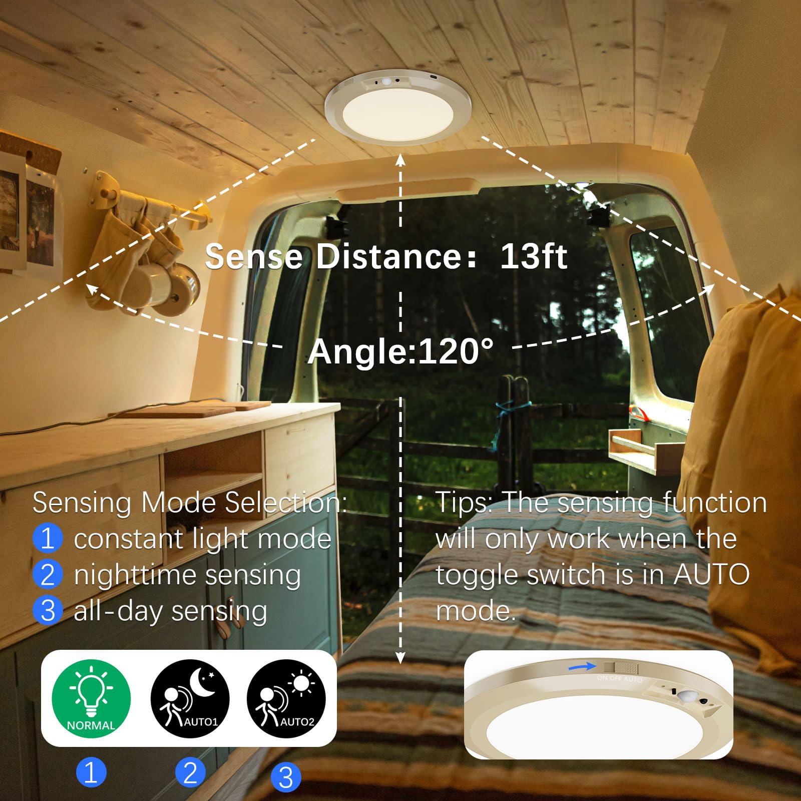 Koopala Battery Operated LED Ceiling Light Fixture with Motion Sensor, 3 Colors/Brightness, Gold, Model KP-DY102-G-US