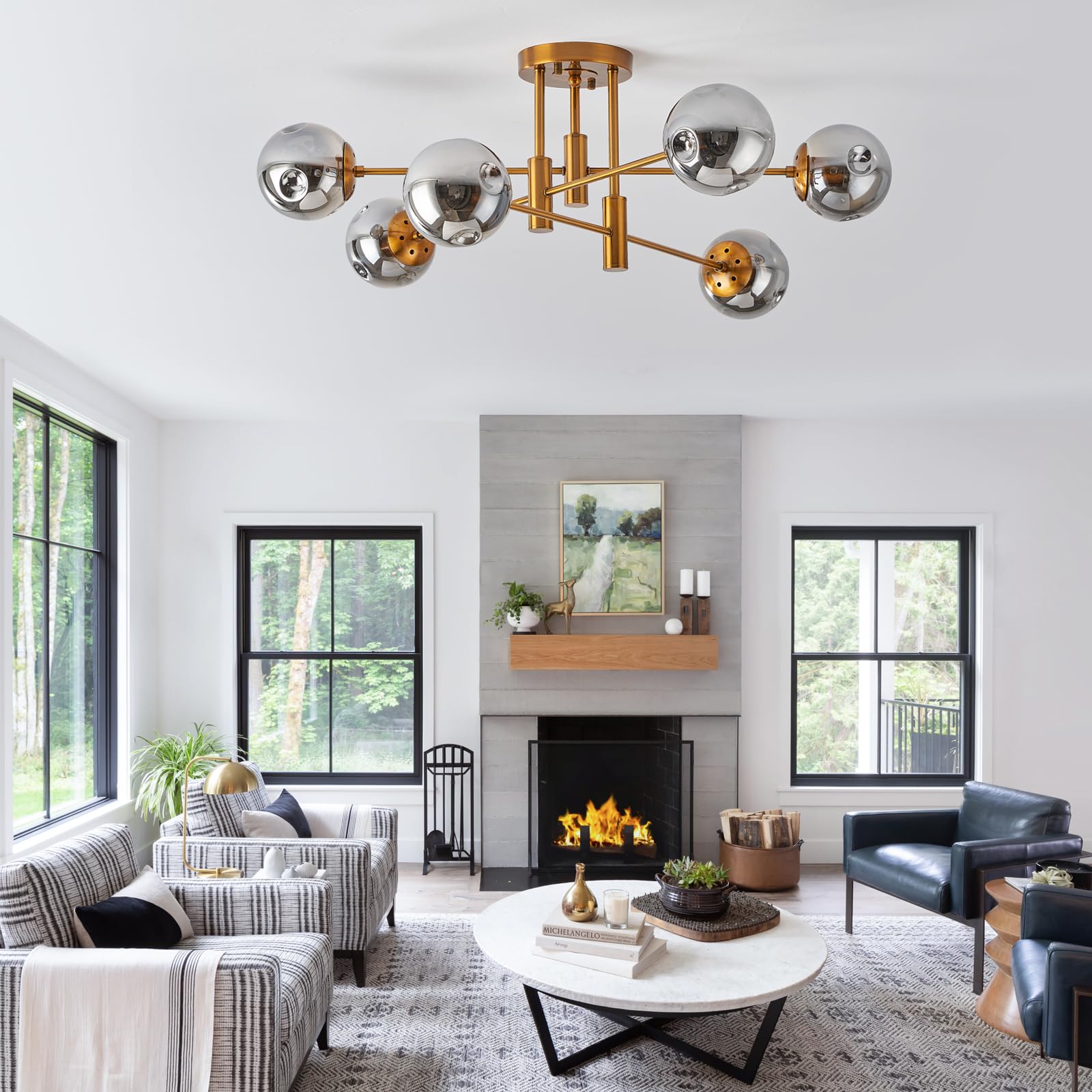 DDLLDESHI 6-Light Gold Chandelier - Modern Sputnik Ceiling Light Fixture, 34" Smoke Bubble Design for Dining Room and Living Room Decor