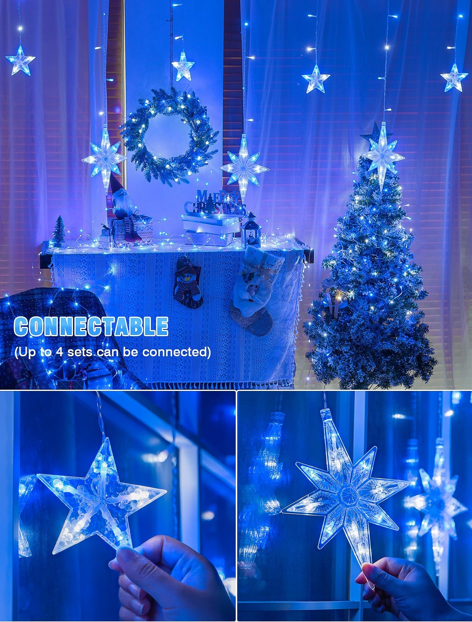 BEEWIN Star Icicle Lights - 126 LED Waterproof Hanging String Lights, Blue White, 8 Modes for Outdoor, Wedding, Party Decor