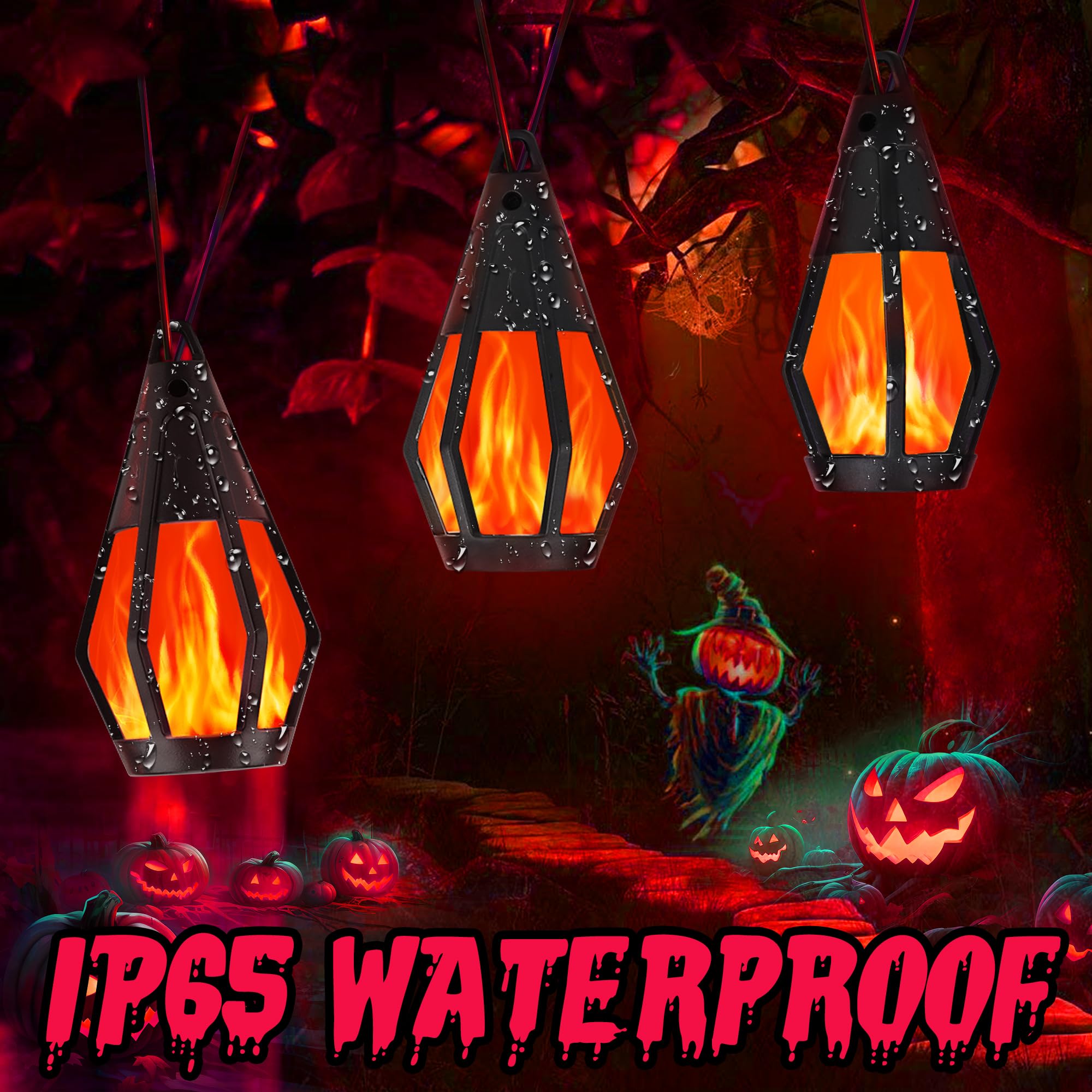 Jnaurb Solar String Lights Outdoor, 13Ft with 10 Flickering Flame Bulbs, Waterproof, Red, Ideal for Halloween Decorations
