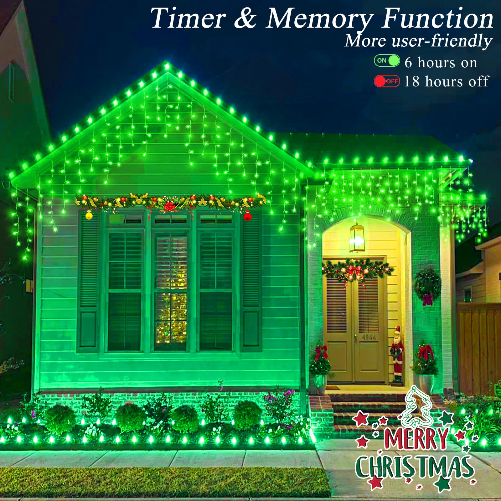 33Ft Green Christmas Lights Outdoor, 400 Led Icicle Lights For Outside, Plug In Twinkle Lights Indoor With 8 Modes Timer Connect