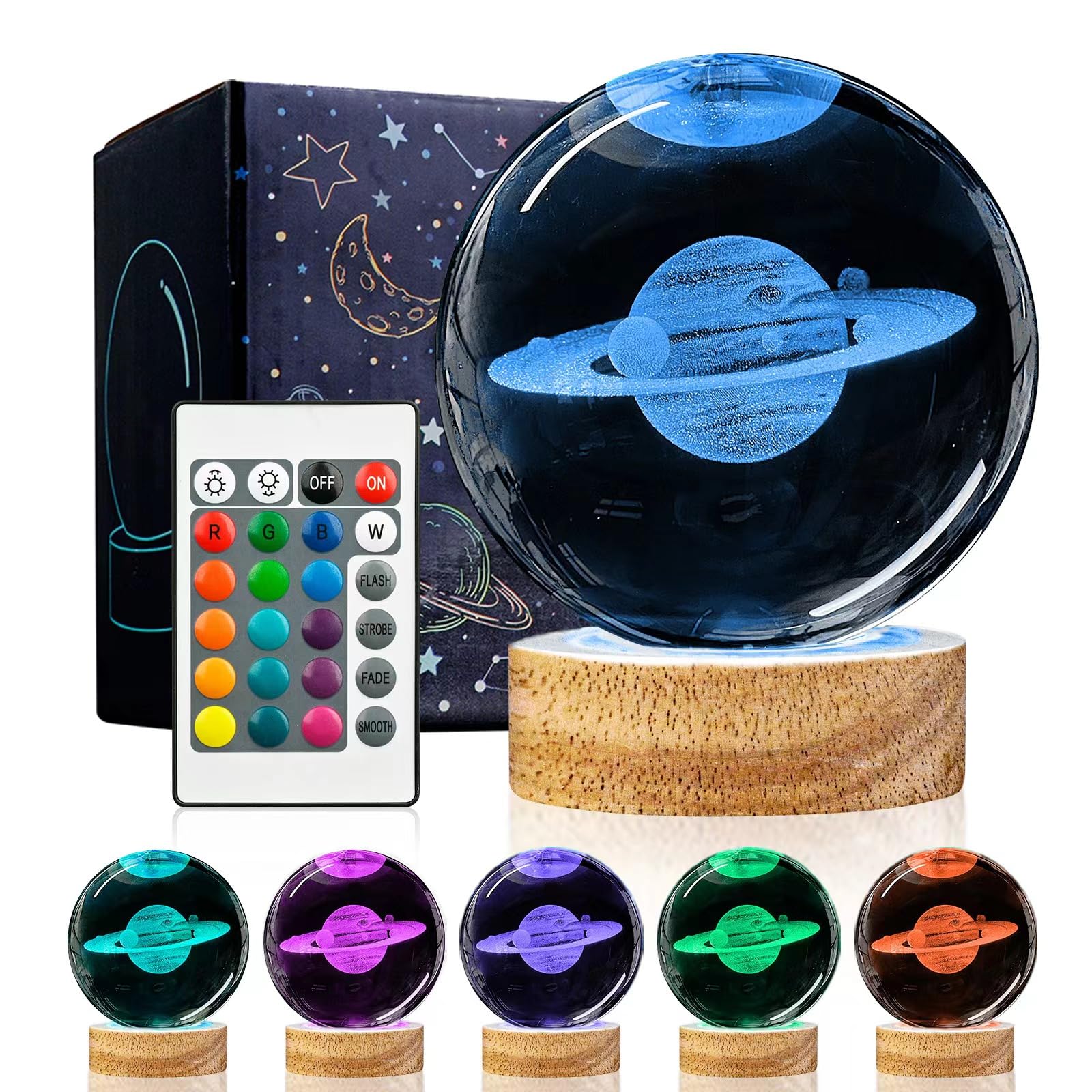 Huntalg 3D Saturn Crystal Ball Night Light Upgraded 3.15 in Saturn Planet Glass Sphere Lamps with 16 Color for Birthday Holiday,
