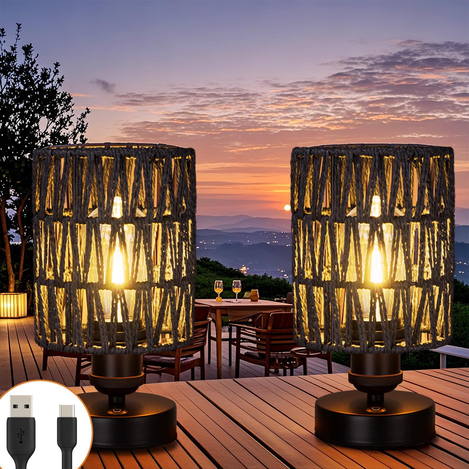 All Fortune Cordless Outdoor Table Lamps, Rechargeable Rattan Boho, Dimmable Battery Operated For Patio, Home, Living Room, Bedr