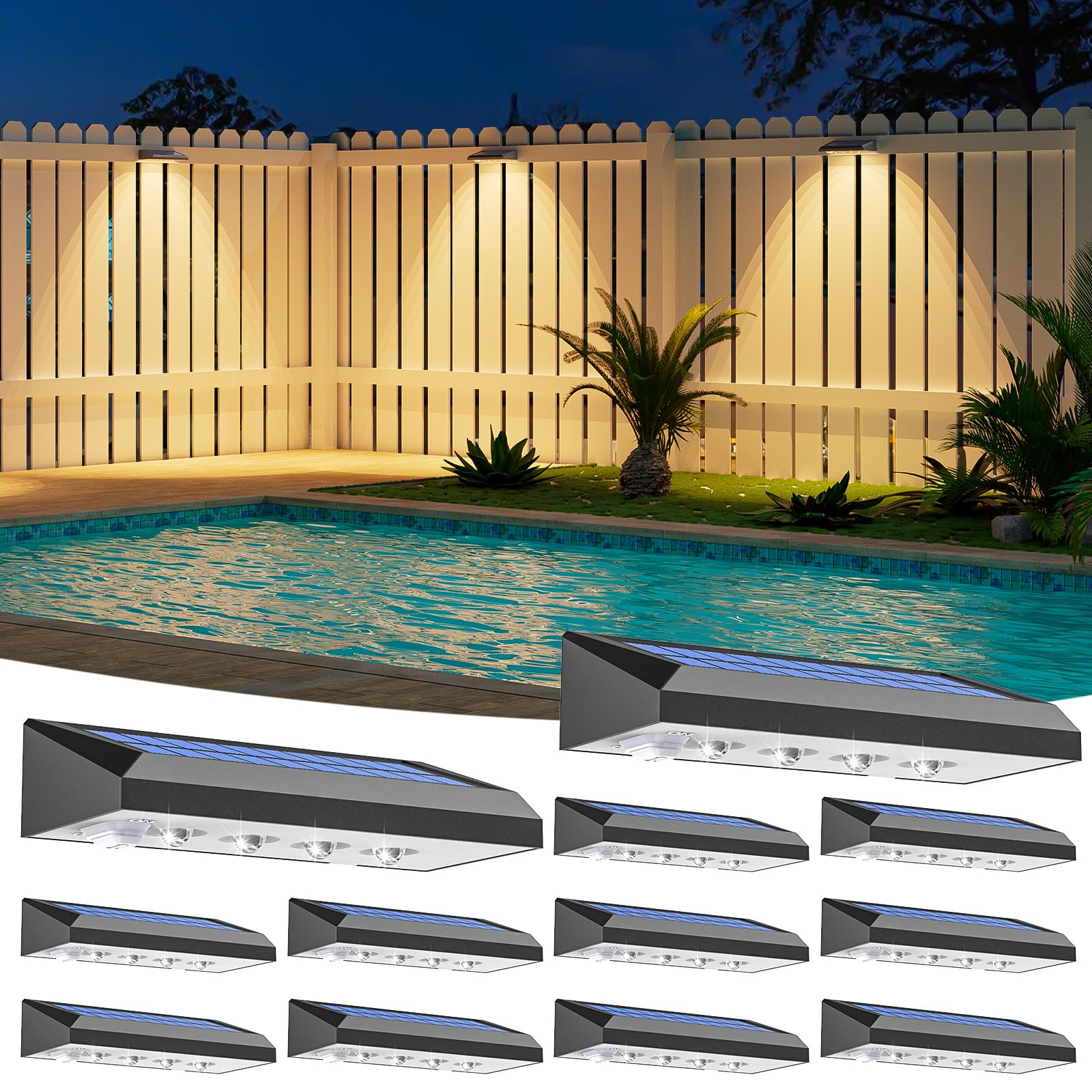VOLISUN Solar Fence Lights 12-Pack - 100 Lumens Solar Powered Outdoor Lights, Weatherproof Warm White LED Auto On/Off for Fence,