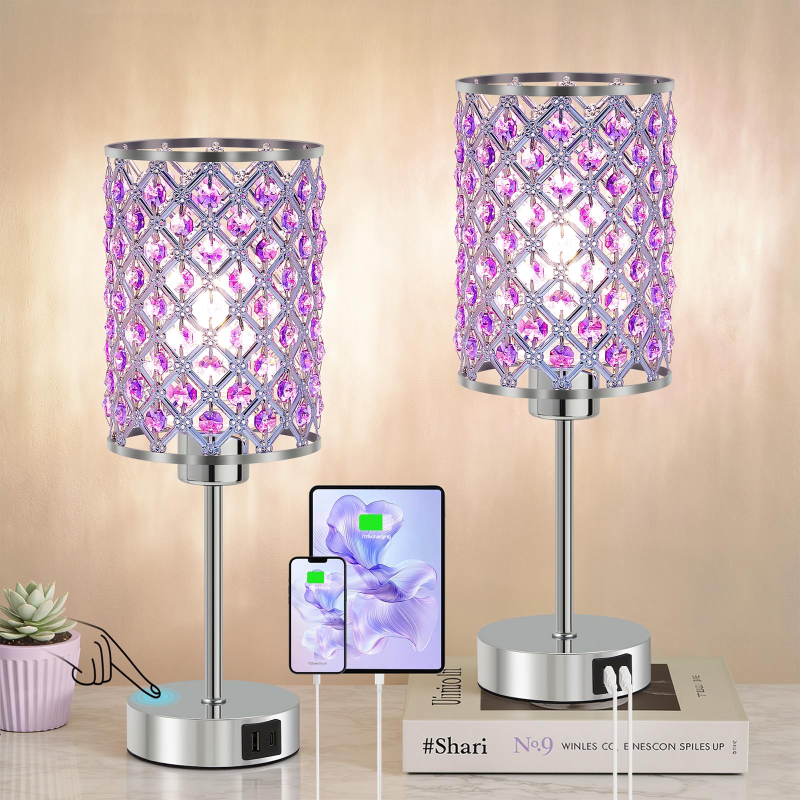 GyroVu Purple Crystal Table Lamps Set of 2  Dimmable Touch Control Bedside Lamps with USB C+A Ports  Small Night Lights for Bedroom  Living Room  Girls Room  Home Office  Bulbs Included