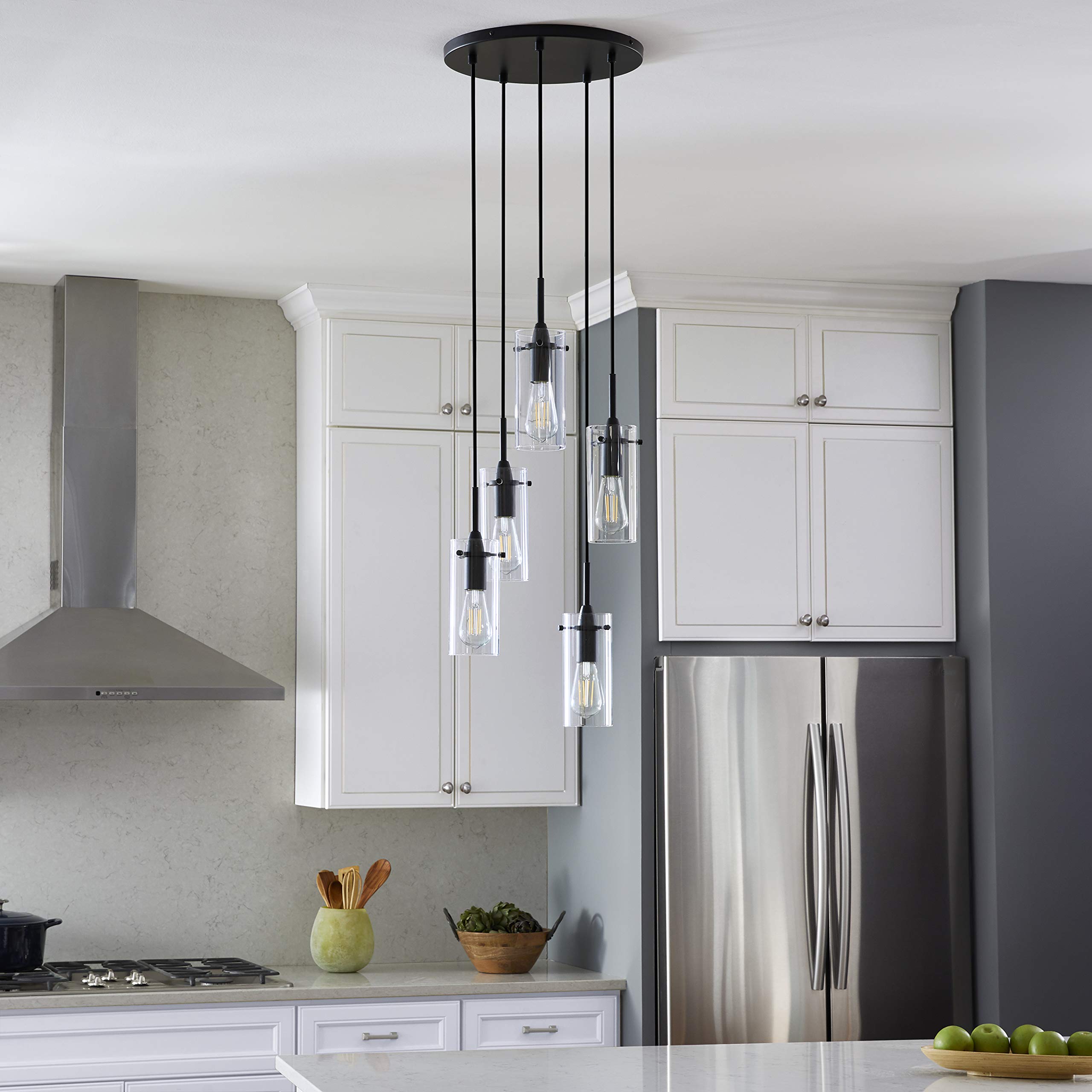 Linea di Liara 5-Light Cluster Pendant Chandelier - Black Metal Stairwell Lighting, Model LL-C45-5BLK