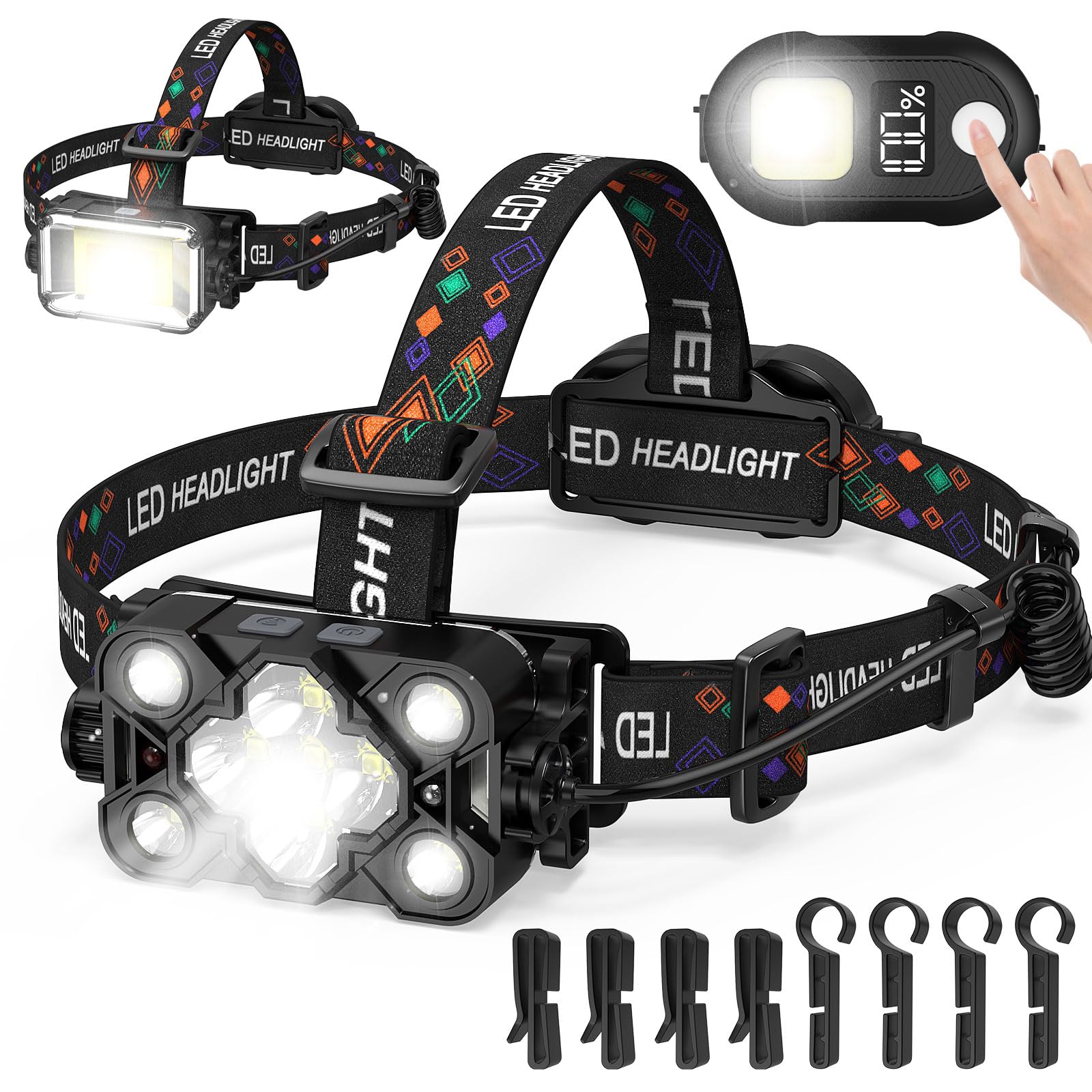Moko Rechargeable Headlamp, 3-In-1 2500 High Lumens Head Lamp With 9 Led, 13 Modes Ip44 Waterproof Led Headlamp With 3 Color Tem