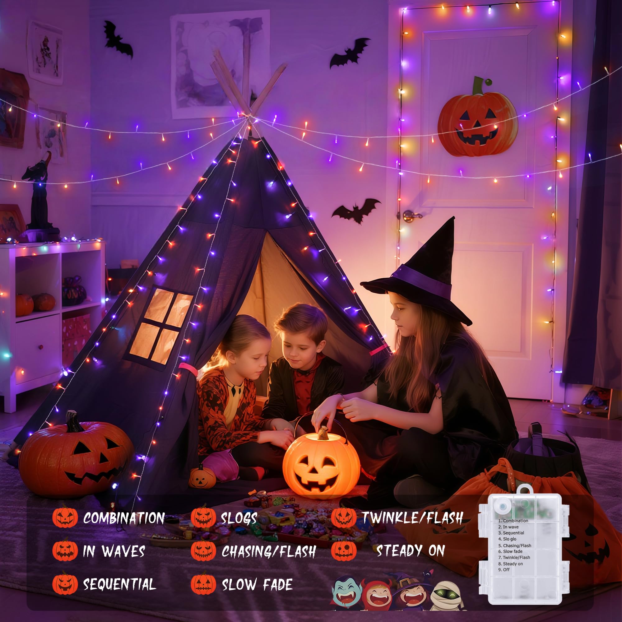 JMEXSUSS Battery Operated String Lights, 33ft 100 LED, Orange & Purple, Remote Control, Indoor/Outdoor, 2 Pack