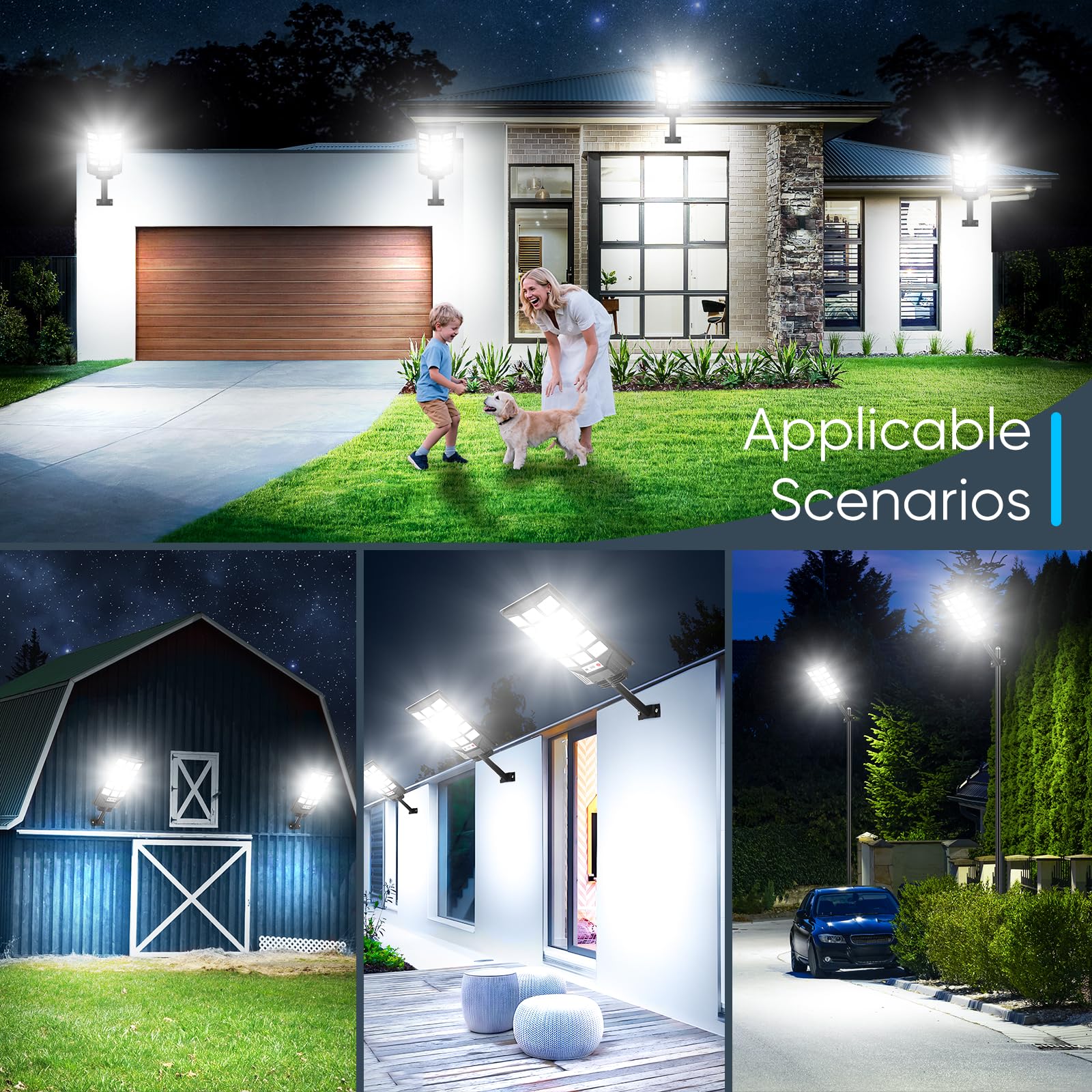 CNOIJUTS Solar Street Lights, 30000LM LED, Motion Sensor, Waterproof, 4-Pack, Black, Model TL15, Dusk to Dawn, Commercial Area Lighting