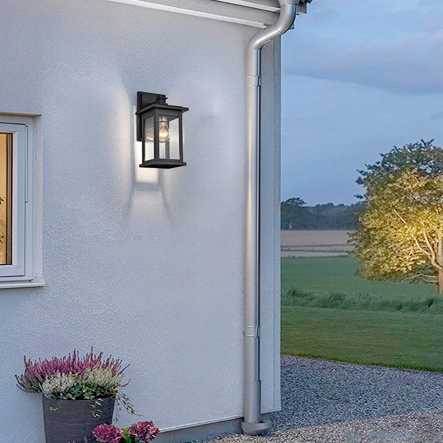 MICSIU Black Outdoor Wall Lantern Light Fixture, 12in H, Metal, Clear Seedy Glass, Model A19007