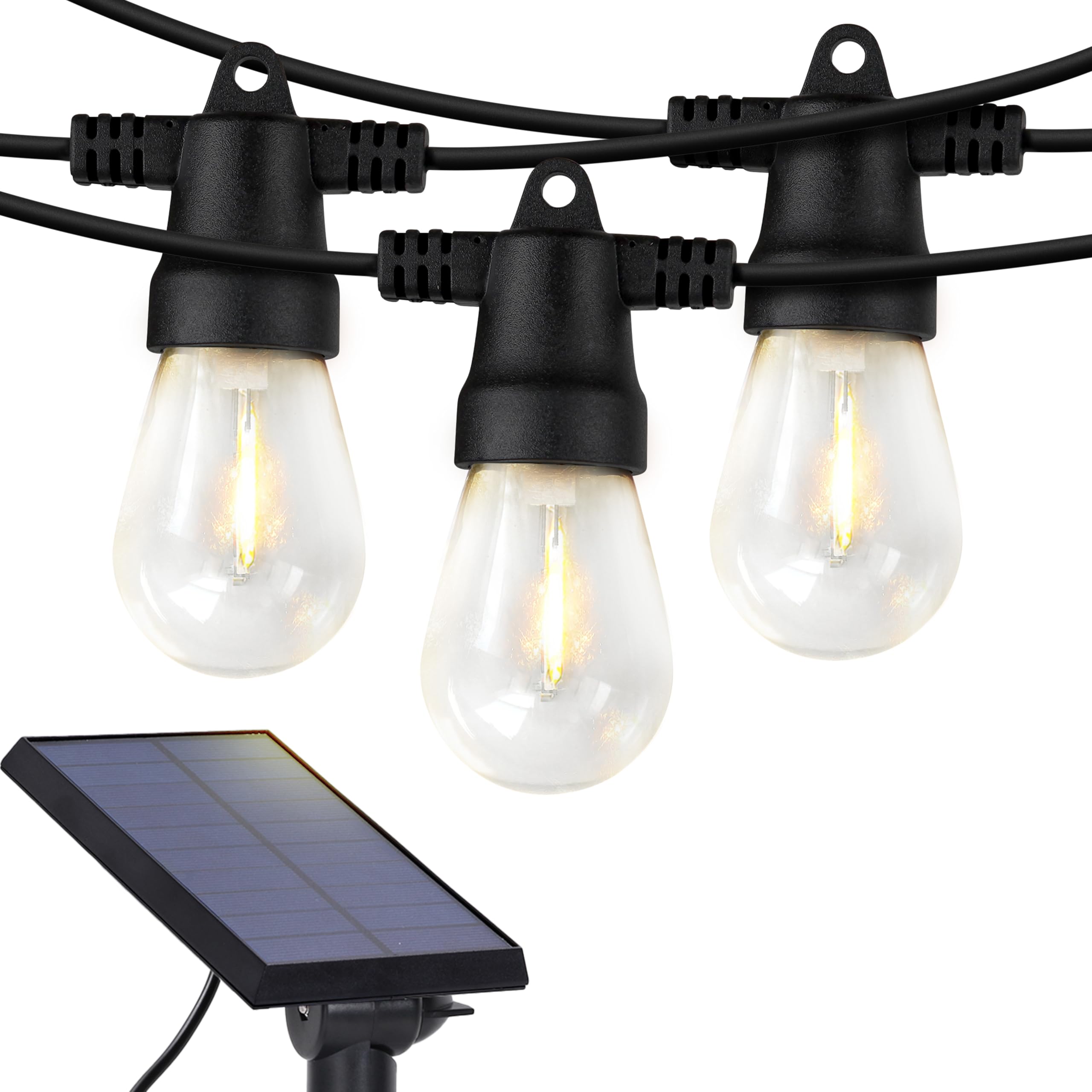 Brightech Ambience Pro Solar String Lights, 48ft Waterproof LED, 15 Shatterproof Edison Bulbs, Soft White, Black Cable