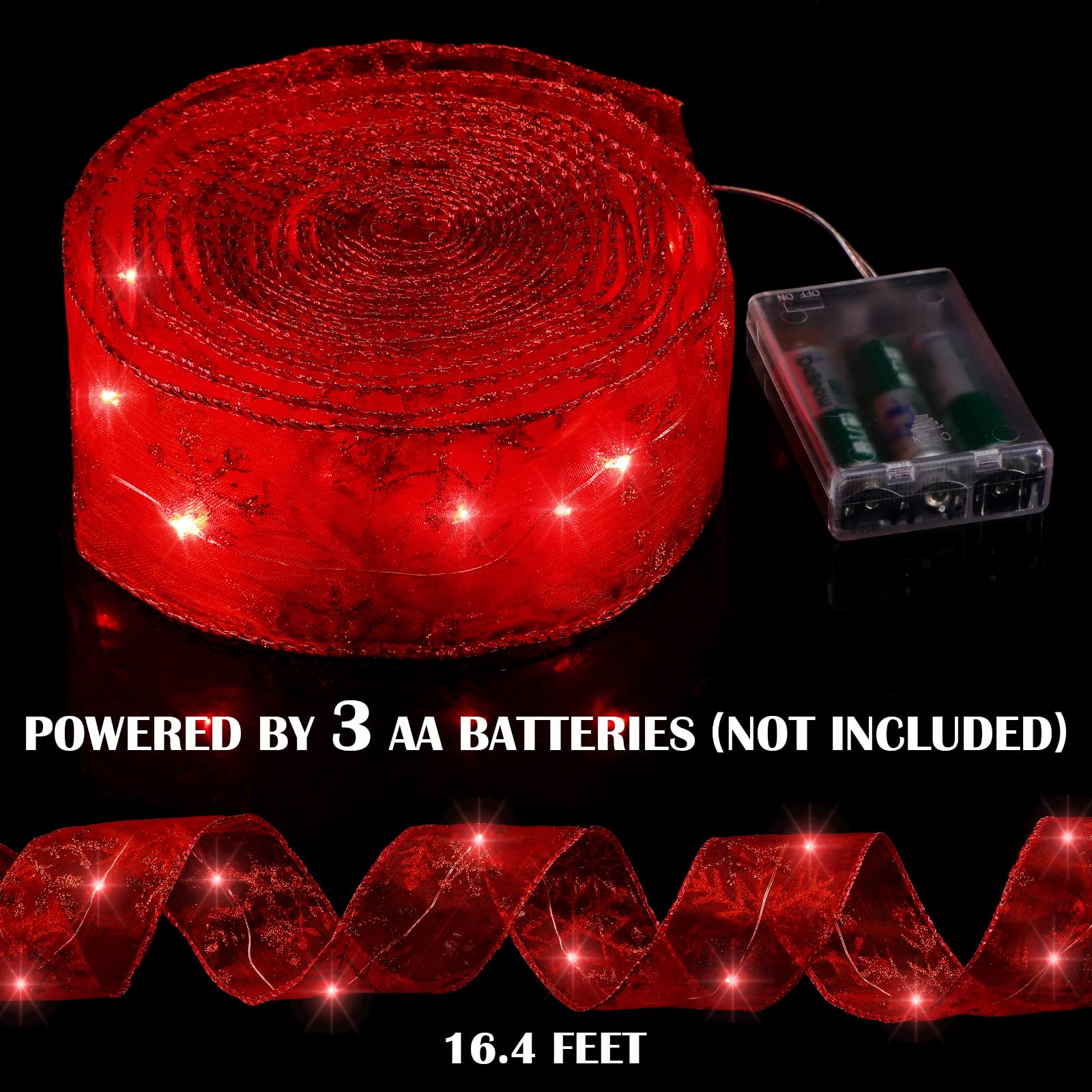 Christmas Ribbon Lights Christmas Lights 16.4 Ft Glow Christmas Tree Ribbon Battery Operated Indoor String Lights For Outdoor Xmas Holiday Party Wedding Garland Lighted Decoration (Red)