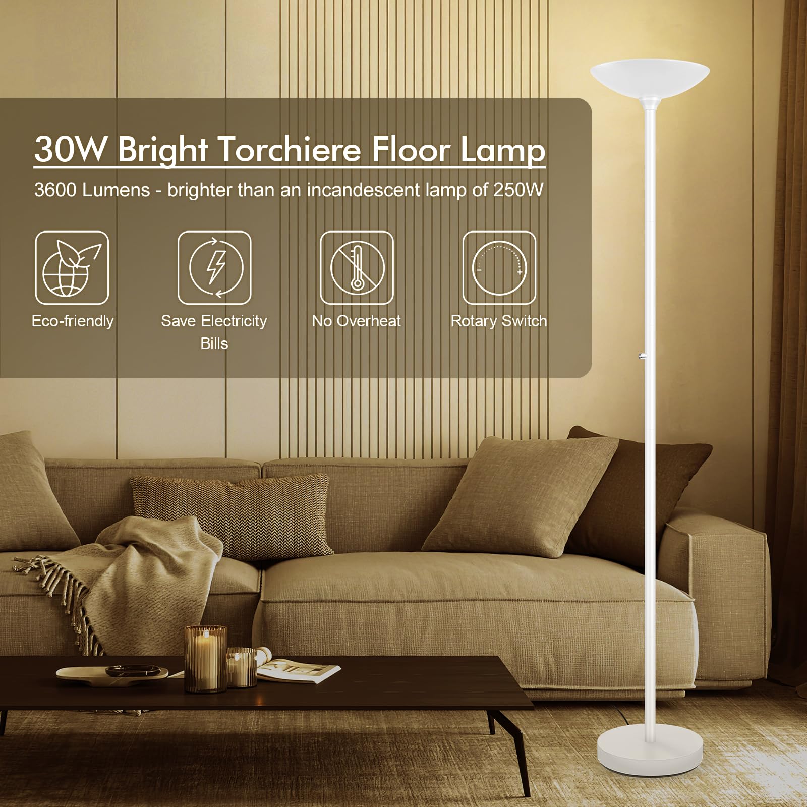 Auquee 30W Torchiere Floor Lamp, 3600Lm Bright Led, Dimmable, 71&quot; Metal Standing