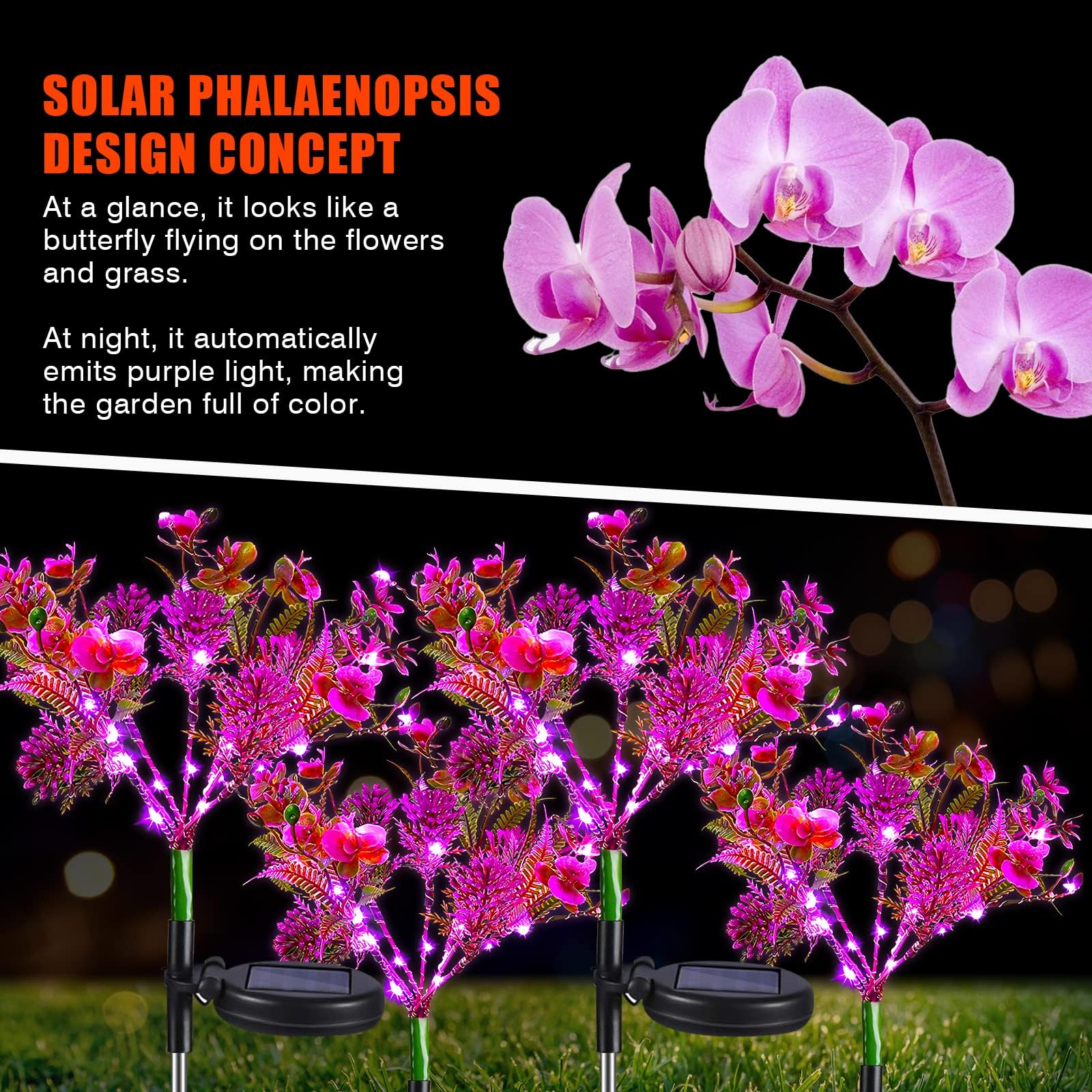 Neporal Solar Garden Lights - 4PK Purple Phalaenopsis, Waterproof Outdoor Decor, Yard and Halloween Decorations