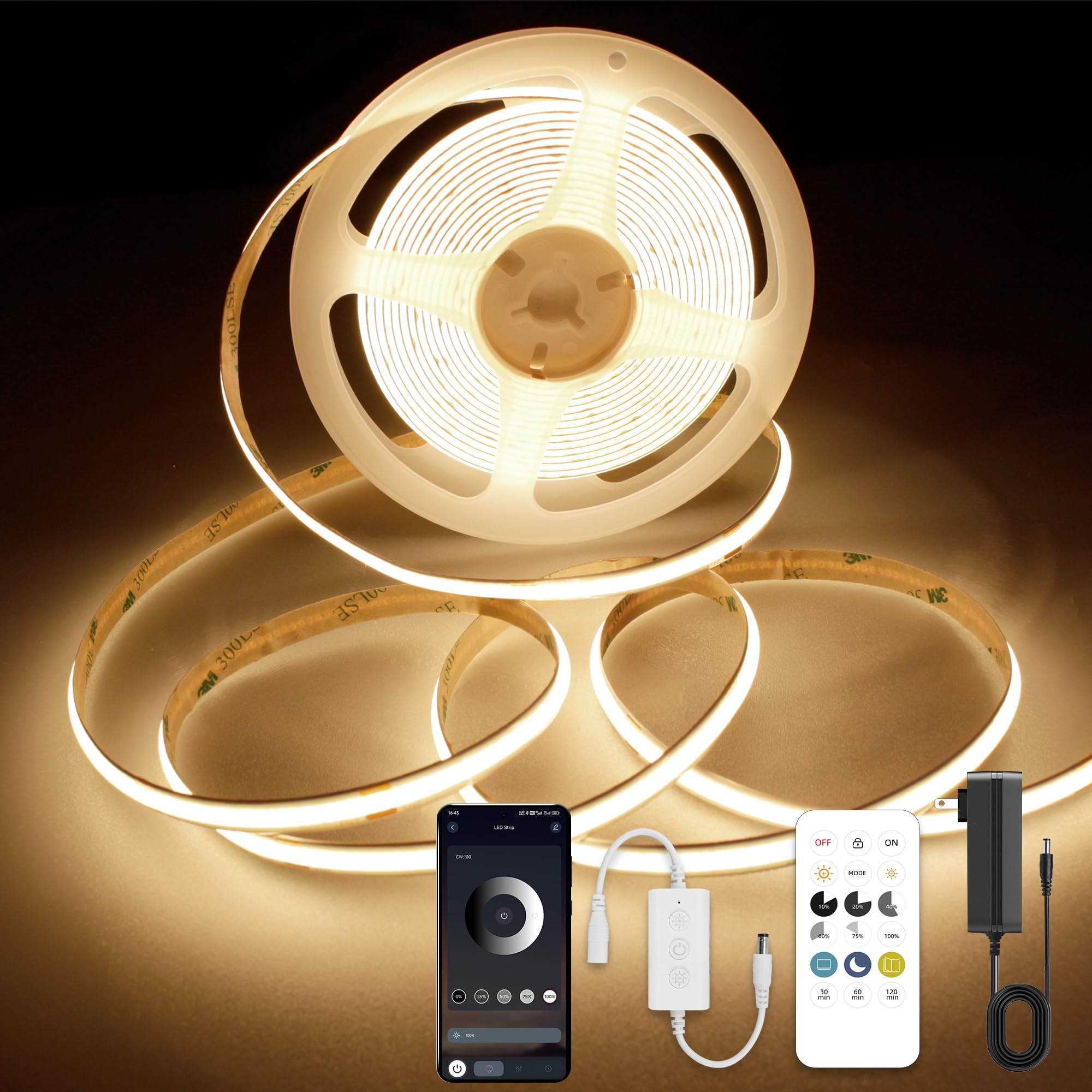 AXMOTUT COB LED Band Lights with RF Remote  24V 32.8ft Warm White Dimmable LED Light Bands  High Bright 3000K LED Lights with Power Supply for Room  Kitchen  DIY Home Decoration