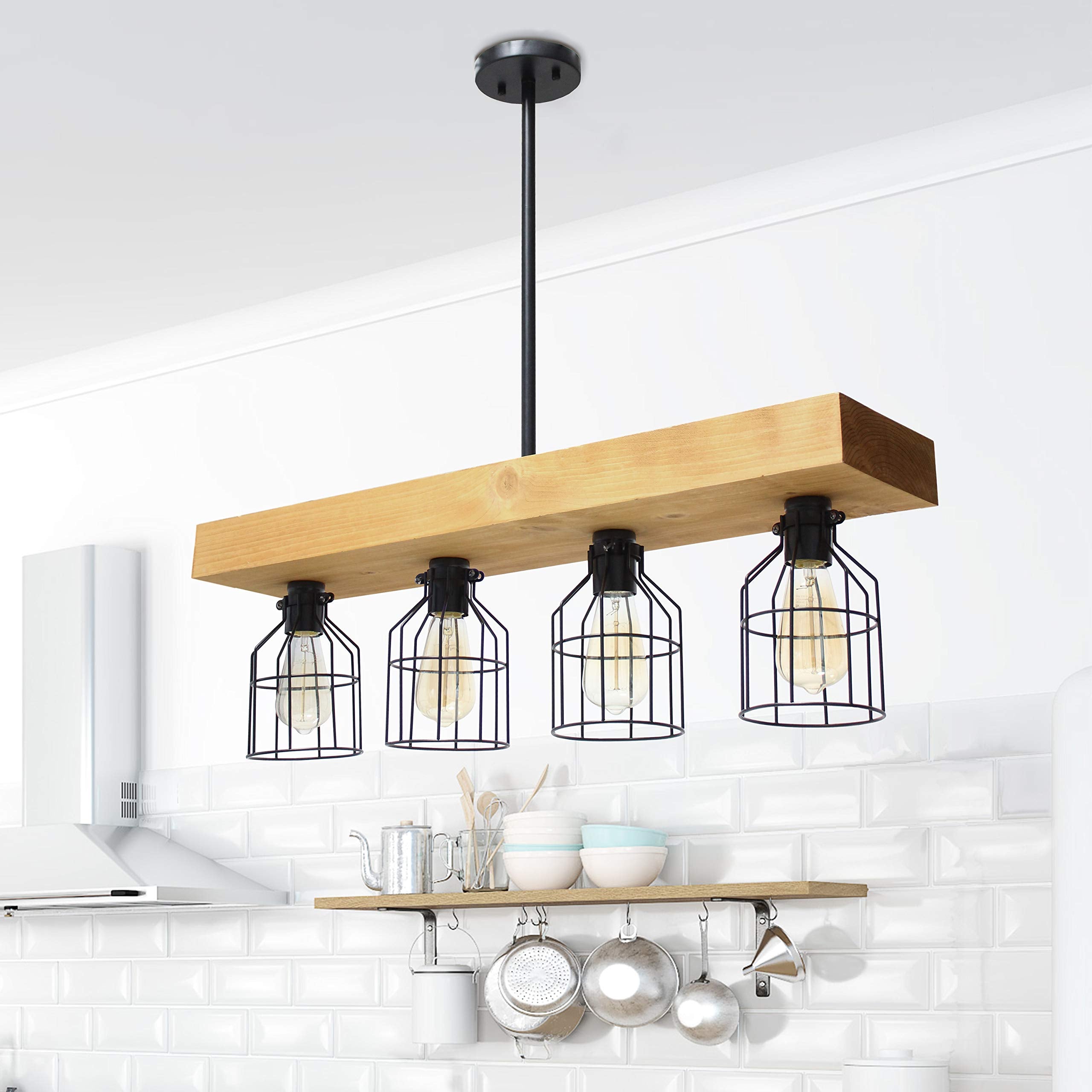 Elegant Designs CH1001-LWD 4 Light Rustic Farmhouse Pendant Light Chandelier, Wood, Light Wood