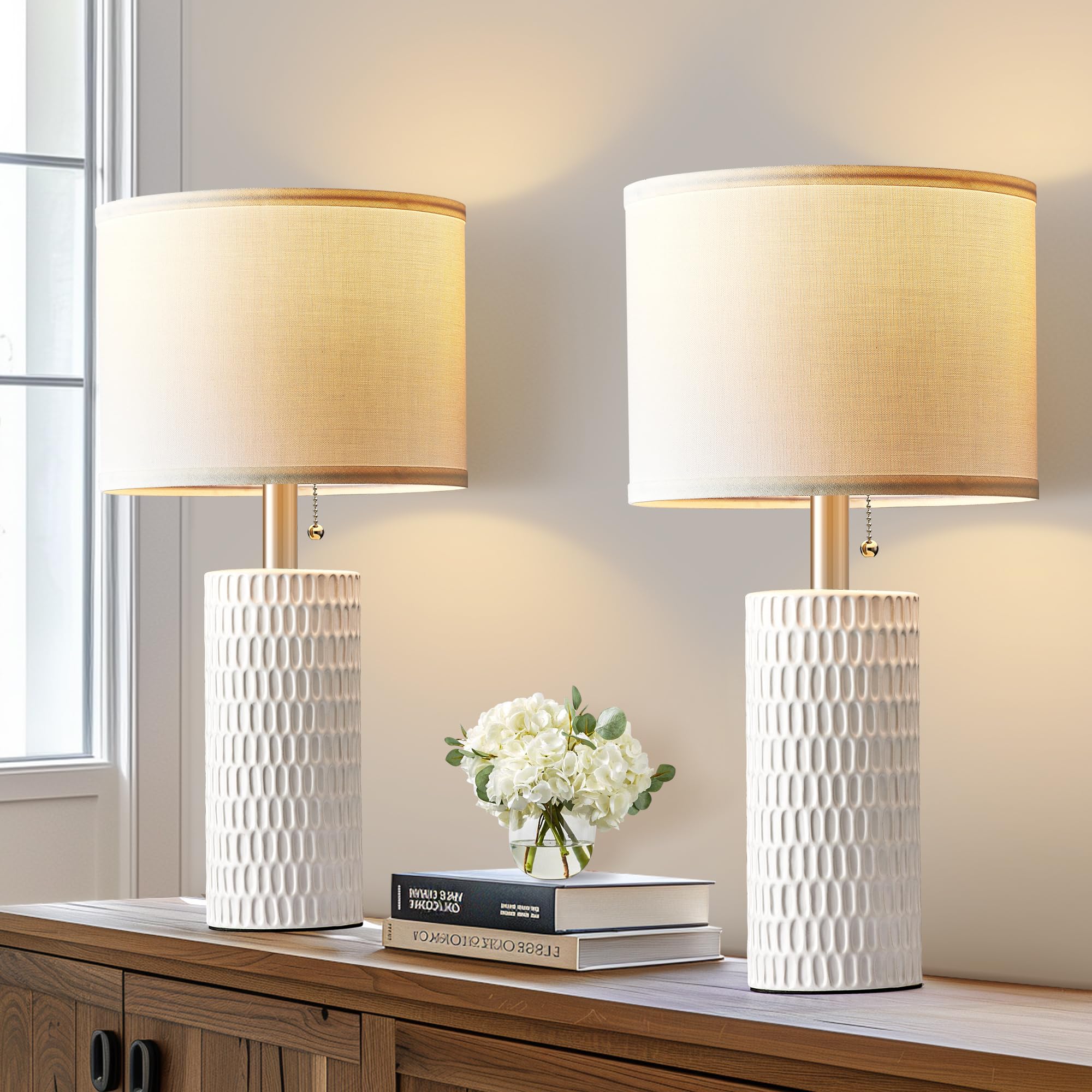 Reaketon Modern Ceramic Table Lamps for Living Room, Set of 2, 20" White, Model AMZ102-1TWHT