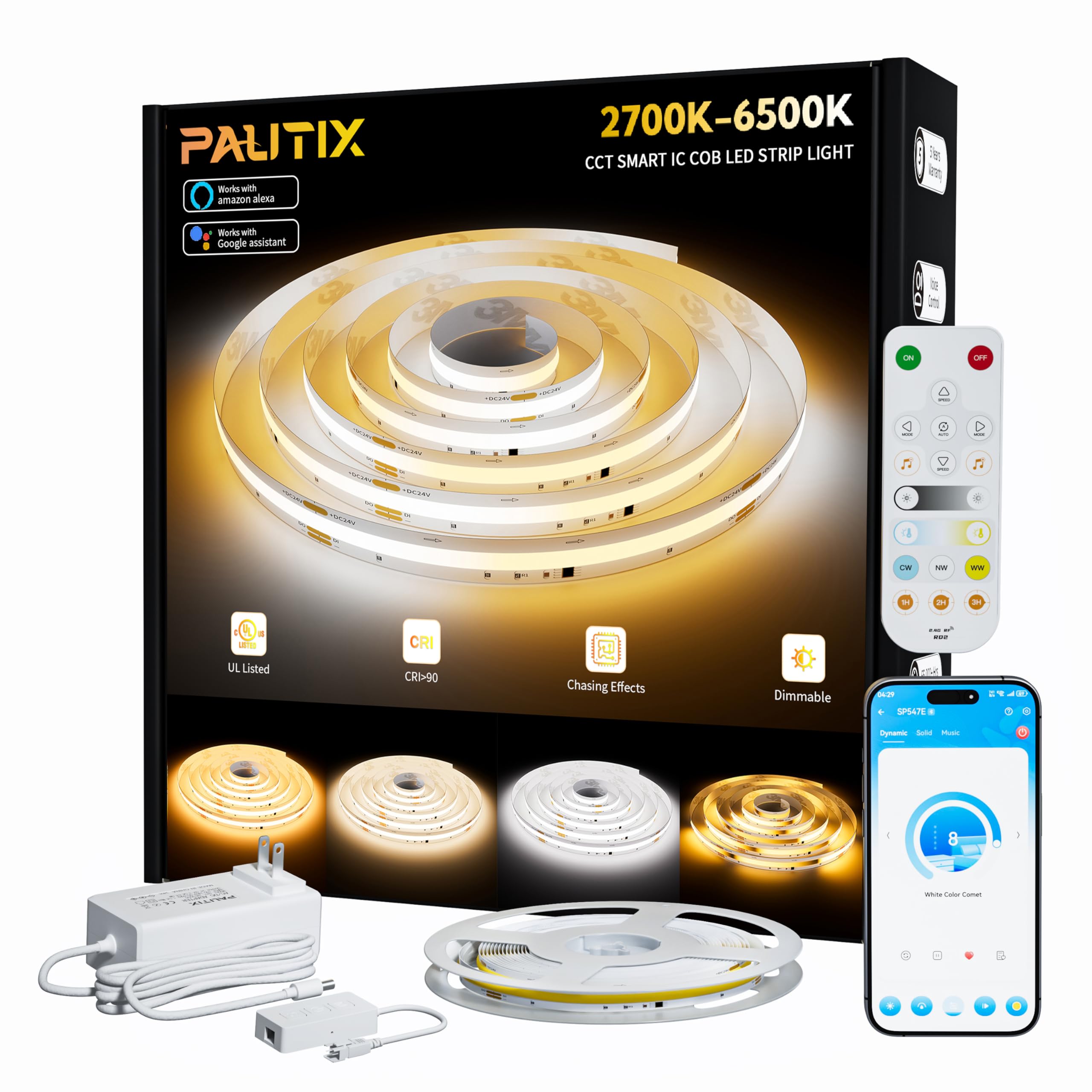 Pautix Cob Led Strip Lights Addressable 2700K-6500K Chasing White Light Cct Smart Ic Tunable Tape Lights 32.8Ft Super Bright Dimmable Alexa Voice Control For Under Cabinet Bedroom Kitchen Diy Lighting