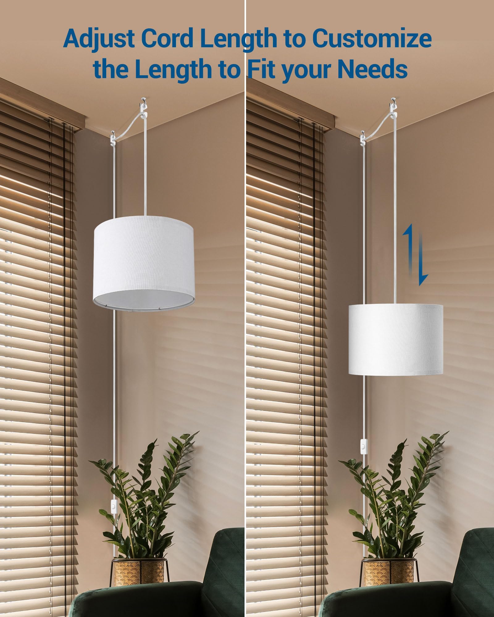 Dewenwils Hanging Pendant Light With Plug In Cord, Plug In Wall Light With 15Ft Cord, On/Off Switch, White Fabric Lamp Shade, Ha