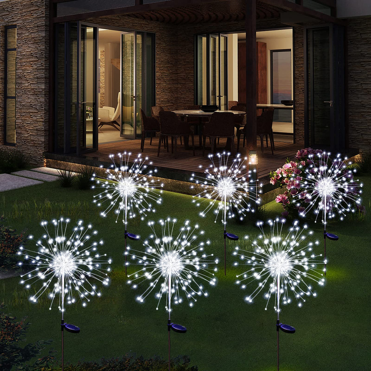 Christmas Solar Garden Firework Lights Outdoor Waterproof, 6 Pack Solar Powered Art Stake Twinkle Lighting For Outside Decor, 150 Led Sparklers String Lights For Yard Party Decorations (White)