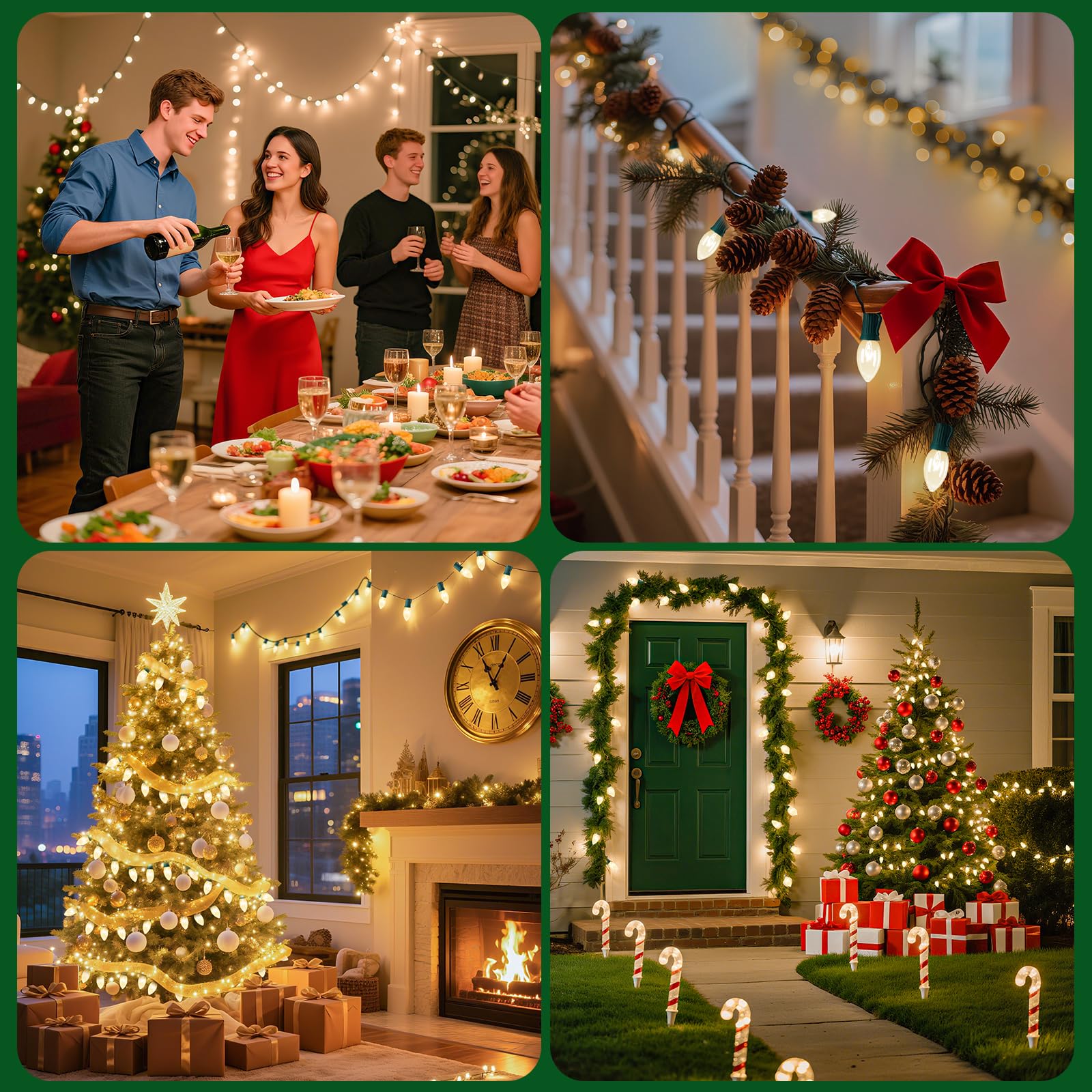 Minetom C9 Christmas String Lights, 50FT, Clear Bulbs, Green Wire, E17 Base, 50+2 Bulbs, Outdoor/Indoor Holiday Decoration