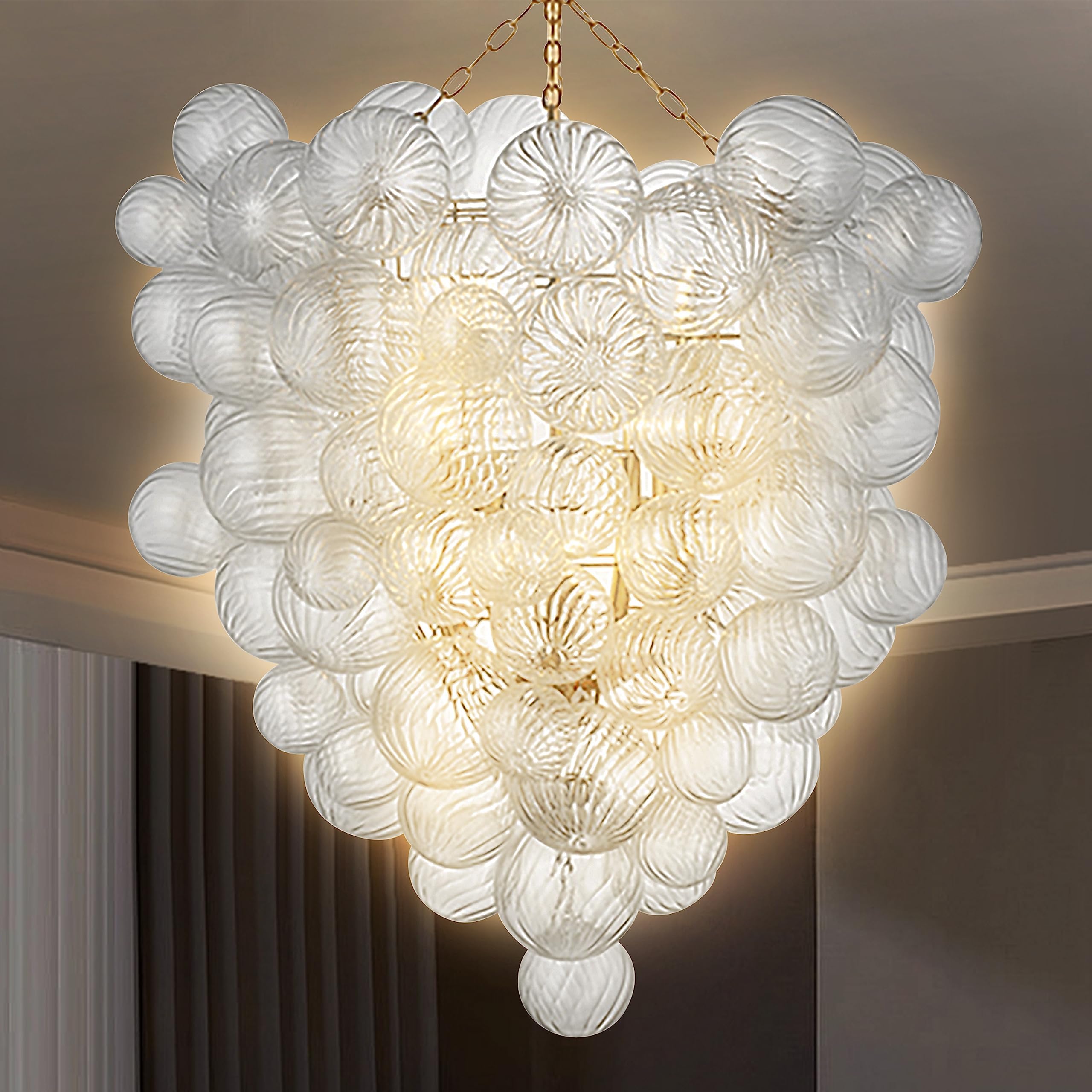 Beypan Modern Classic Glass Bubble Chandelier 2-Layer 44" High Light Fixtures Mid-Century Swirled Clear Blown Glass Globe Chandeliers Pendant Lights For Stairway Living Room Entryway Foyer