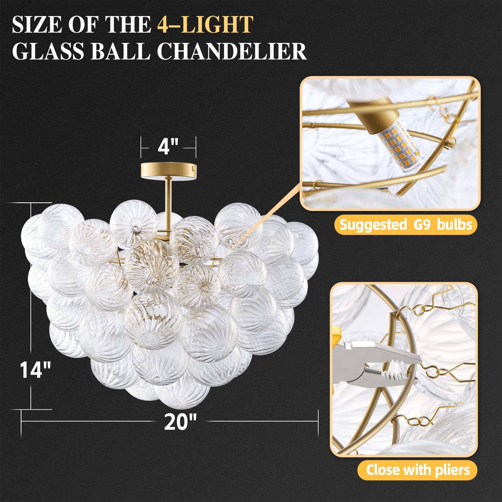 Beypan Semi Flush Mount Ceiling Bubble Ball Chandelier Lighting Dia 20 Inch Gold Clear Ribbed Blown Glass Chandeliers Ceiling Mount Light Fixtures For Bedroom, Living Room, Entry, Bathroom