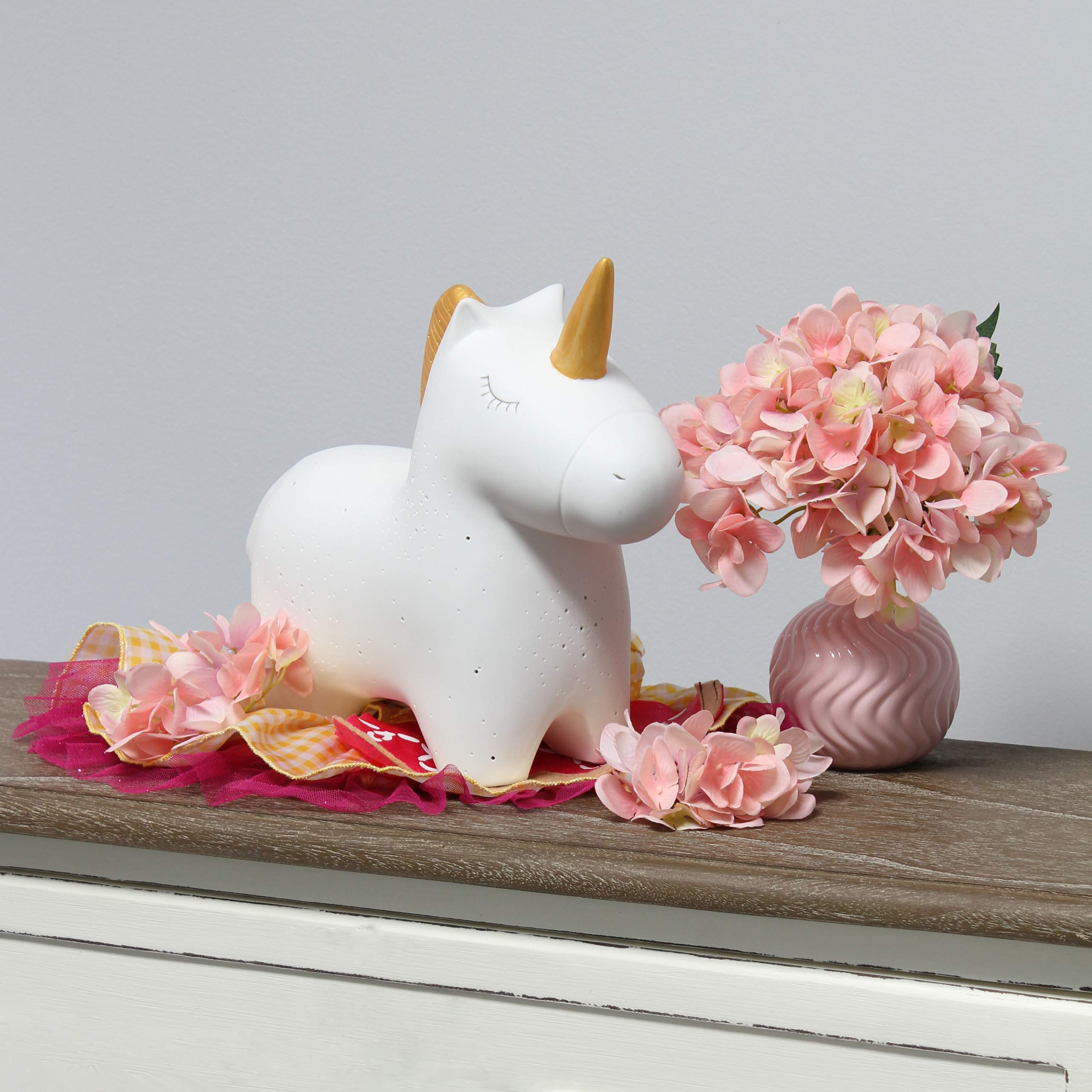 Simple Designs Lt3339-Wht Gold And White Porcelain Fun Shaped Night Light Table Lamp, Unicorn